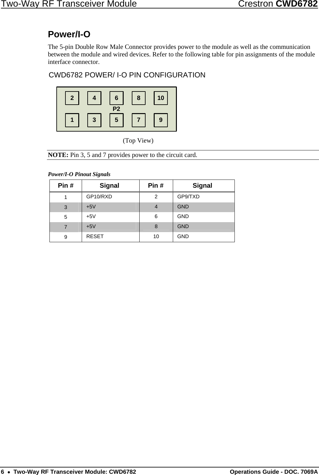 Two-Way RF Transceiver Module  Crestron CWD6782 6  •  Two-Way RF Transceiver Module: CWD6782  Operations Guide - DOC. 7069A  Power/I-O The 5-pin Double Row Male Connector provides power to the module as well as the communication between the module and wired devices. Refer to the following table for pin assignments of the module interface connector. CWD6782 POWER/ I-O PIN CONFIGURATIONP211089765432                                               (Top View) NOTE: Pin 3, 5 and 7 provides power to the circuit card. Power/I-O Pinout Signals Pin #  Signal  Pin #  Signal 1  GP10/RXD 2 GP9/TXD 3  +5V  4  GND 5  +5V 6 GND 7  +5V  8  GND 9  RESET 10 GND 