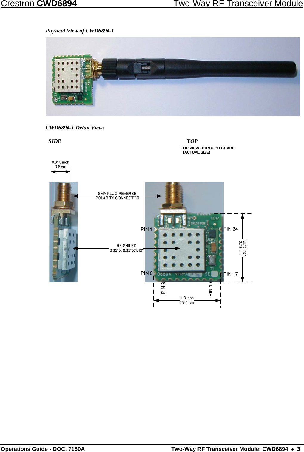 Crestron CWD6894  Two-Way RF Transceiver Module Operations Guide - DOC. 7180A  Two-Way RF Transceiver Module: CWD6894    3 Physical View of CWD6894-1  CWD6894-1 Detail Views            SIDE               TOP      TOP VIEW. THROUGH BOARD     (ACTUAL SIZE)  