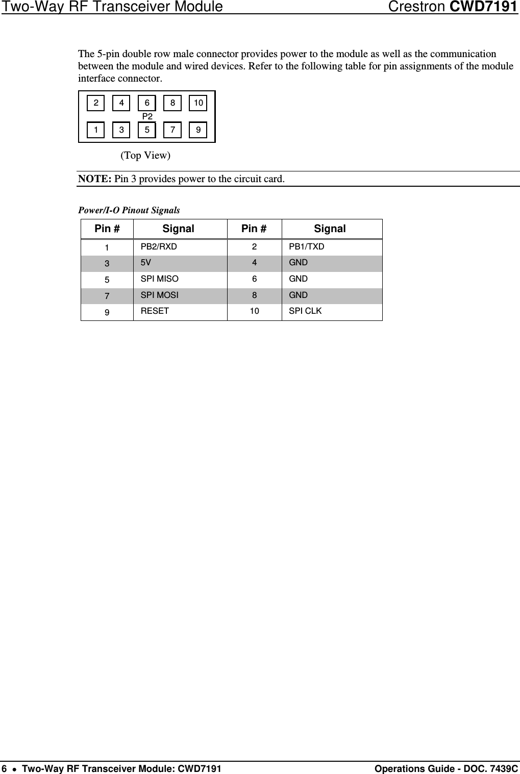 Two-Way RF Transceiver Module  Crestron CWD7191 6    Two-Way RF Transceiver Module: CWD7191  Operations Guide - DOC. 7439C  The 5-pin double row male connector provides power to the module as well as the communication between the module and wired devices. Refer to the following table for pin assignments of the module interface connector. 246810P213579                 (Top View) NOTE: Pin 3 provides power to the circuit card. Power/I-O Pinout Signals Pin #  Signal  Pin #  Signal 1  PB2/RXD 2 PB1/TXD 3  5V  4  GND 5  SPI MISO  6  GND 7  SPI MOSI  8  GND 9  RESET 10 SPI CLK 