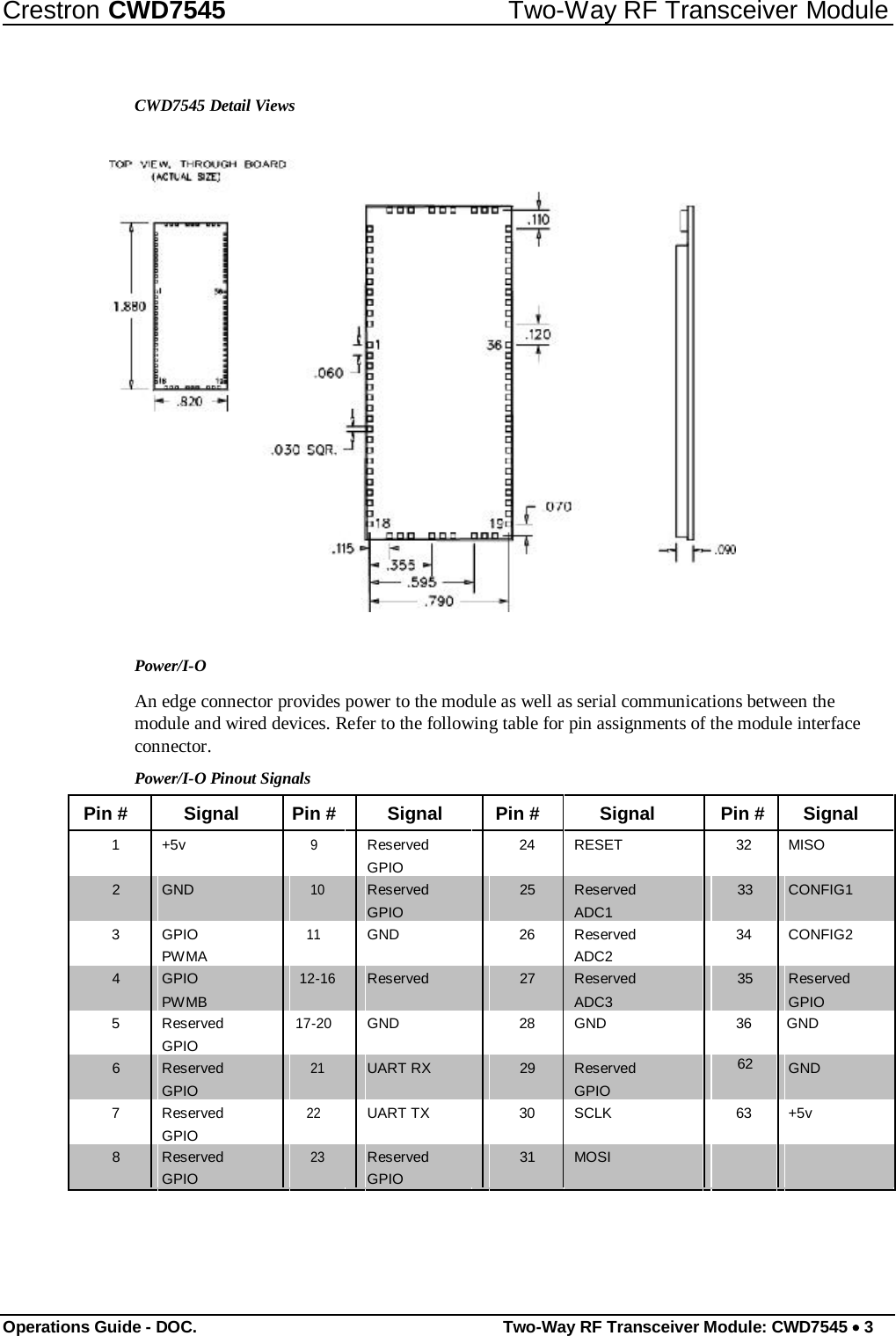 Crestron CWD7545 Two-Way RF Transceiver Module    CWD7545 Detail Views                              Power/I-O  An edge connector provides power to the module as well as serial communications between the module and wired devices. Refer to the following table for pin assignments of the module interface connector.  Power/I-O Pinout Signals   Pin #  Signal  Pin #  Signal  Pin # Signal  Pin #  Signal                      1   +5v 9   Reserved 24  RESET 32  MISO           GPIO           2   GND  10   Reserved  25  Reserved  33  CONFIG1           GPIO    ADC1      3   GPIO 11   GND 26  Reserved 34  CONFIG2      PWMA          ADC2       4   GPIO  12-16   Reserved   27  Reserved  35  Reserved      PWMB          ADC3    GPIO  5   Reserved 17-20   GND 28  GND 36  GND      GPIO                 6   Reserved  21   UART RX   29  Reserved  62  GND                  GPIO          GPIO      7   Reserved 22   UART TX 30  SCLK 63  +5v      GPIO                 8   Reserved  23   Reserved   31  MOSI          GPIO     GPIO                                     Operations Guide - DOC. Two-Way RF Transceiver Module: CWD7545 • 3 