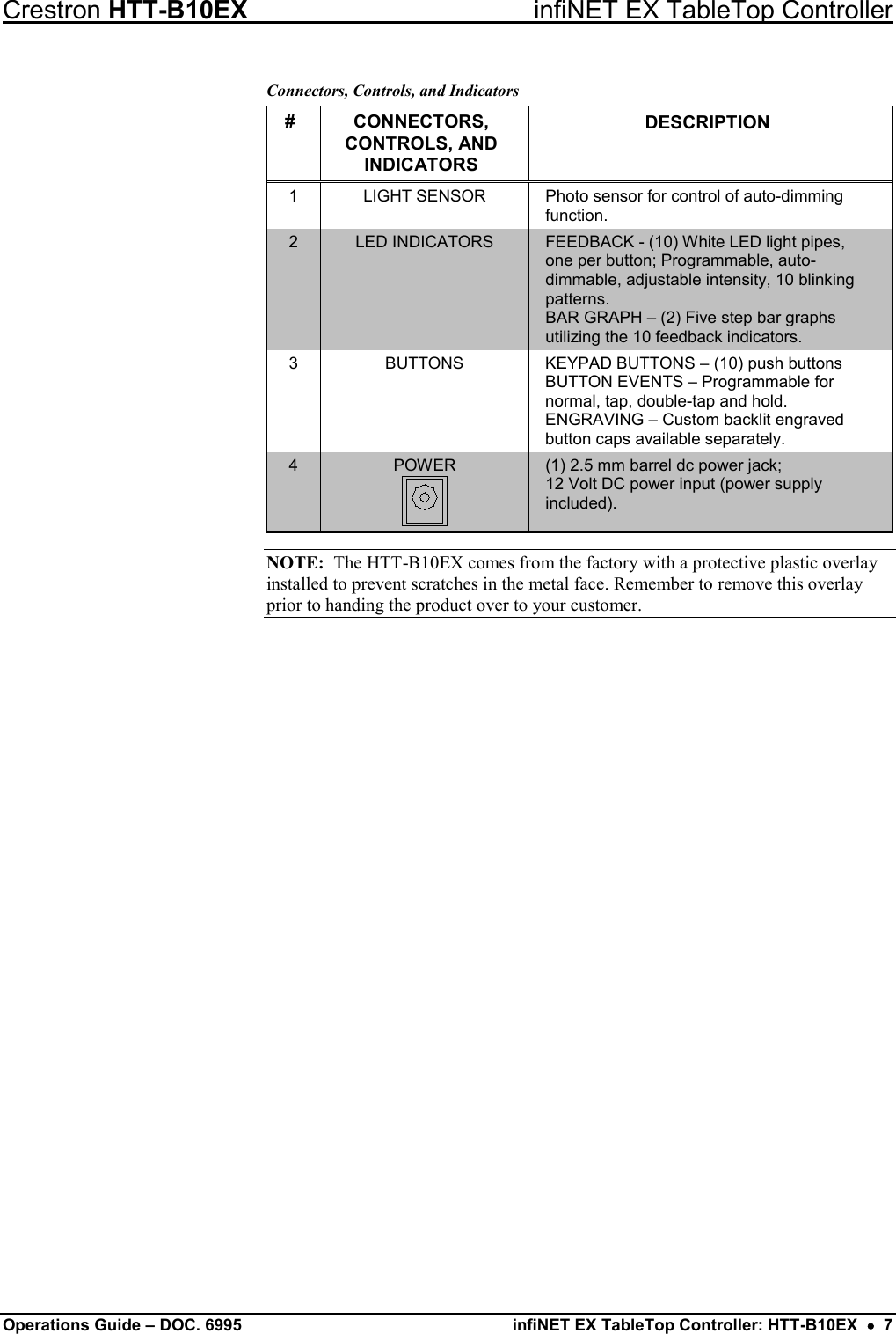 Crestron HTT-B10EX infiNET EX TableTop Controller Operations Guide – DOC. 6995 infiNET EX TableTop Controller: HTT-B10EX  •  7 Connectors, Controls, and Indicators #  CONNECTORS, CONTROLS, AND INDICATORS DESCRIPTION 1  LIGHT SENSOR Photo sensor for control of auto-dimming function. 2  LED INDICATORS  FEEDBACK - (10) White LED light pipes, one per button; Programmable, auto-dimmable, adjustable intensity, 10 blinking patterns. BAR GRAPH – (2) Five step bar graphs utilizing the 10 feedback indicators. 3  BUTTONS KEYPAD BUTTONS – (10) push buttons BUTTON EVENTS – Programmable for normal, tap, double-tap and hold. ENGRAVING – Custom backlit engraved button caps available separately. 4  POWER  (1) 2.5 mm barrel dc power jack; 12 Volt DC power input (power supply included). NOTE:  The HTT-B10EX comes from the factory with a protective plastic overlay installed to prevent scratches in the metal face. Remember to remove this overlay prior to handing the product over to your customer. 