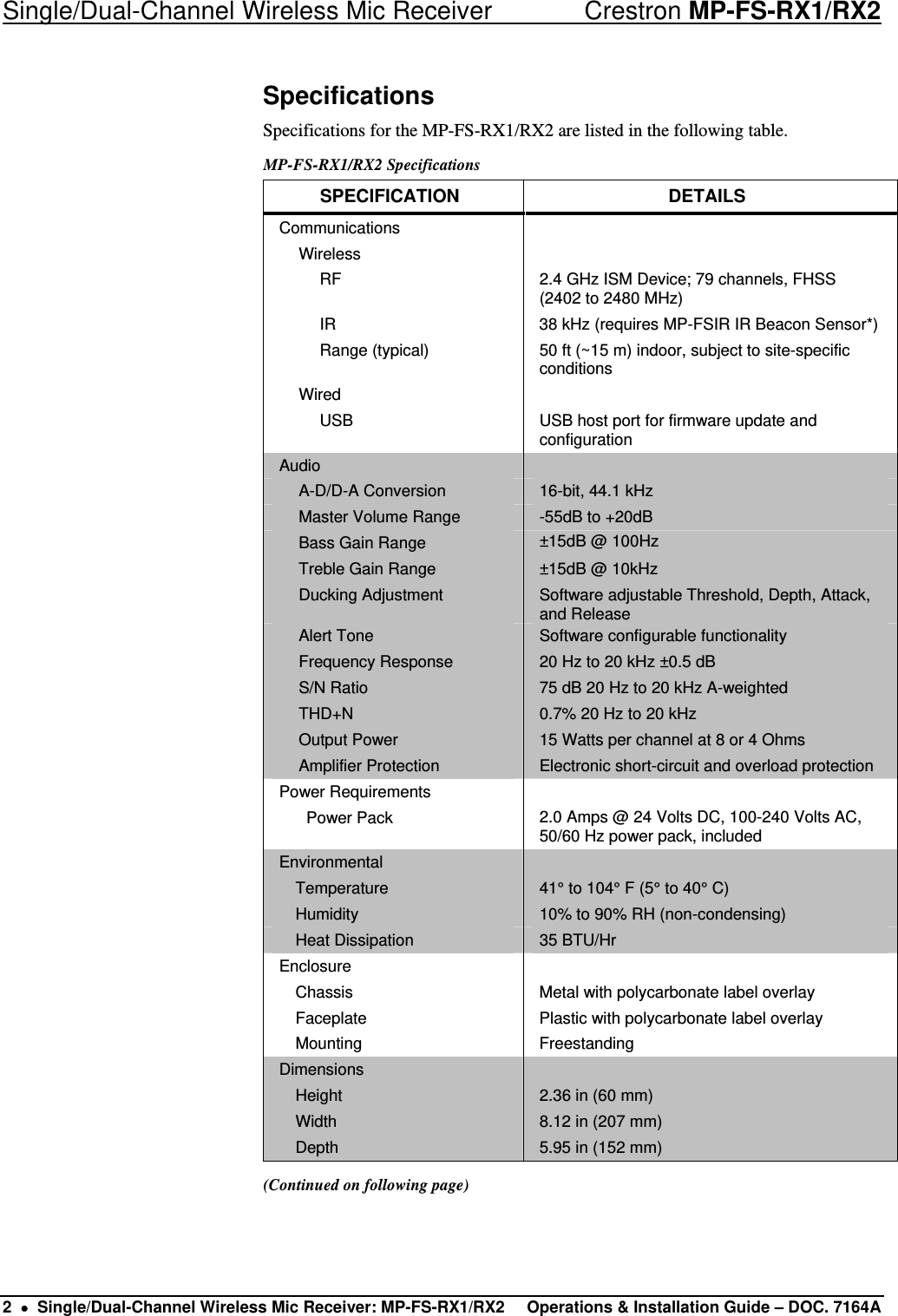 Single/Dual-Channel Wireless Mic Receiver    Crestron MP-FS-RX1/RX2 Specifications Specifications for the MP-FS-RX1/RX2 are listed in the following table. MP-FS-RX1/RX2 Specifications SPECIFICATION DETAILS Communications  Wireless  RF  2.4 GHz ISM Device; 79 channels, FHSS (2402 to 2480 MHz)   IR  38 kHz (requires MP-FSIR IR Beacon Sensor*)  Range (typical)  50 ft (~15 m) indoor, subject to site-specific conditions Wired   USB  USB host port for firmware update and configuration Audio   A-D/D-A Conversion  16-bit, 44.1 kHz Master Volume Range  -55dB to +20dB Bass Gain Range  ±15dB @ 100Hz  Treble Gain Range  ±15dB @ 10kHz  Ducking Adjustment  Software adjustable Threshold, Depth, Attack, and Release Alert Tone  Software configurable functionality Frequency Response  20 Hz to 20 kHz ±0.5 dB S/N Ratio  75 dB 20 Hz to 20 kHz A-weighted THD+N  0.7% 20 Hz to 20 kHz Output Power  15 Watts per channel at 8 or 4 Ohms Amplifier Protection  Electronic short-circuit and overload protection Power Requirements    Power Pack  2.0 Amps @ 24 Volts DC, 100-240 Volts AC, 50/60 Hz power pack, included Environmental   Temperature  41° to 104° F (5° to 40° C) Humidity  10% to 90% RH (non-condensing) Heat Dissipation  35 BTU/Hr Enclosure  Chassis  Metal with polycarbonate label overlay Faceplate  Plastic with polycarbonate label overlay Mounting Freestanding Dimensions   Height  2.36 in (60 mm) Width  8.12 in (207 mm) Depth  5.95 in (152 mm) (Continued on following page)  2  •  Single/Dual-Channel Wireless Mic Receiver: MP-FS-RX1/RX2  Operations &amp; Installation Guide – DOC. 7164A 