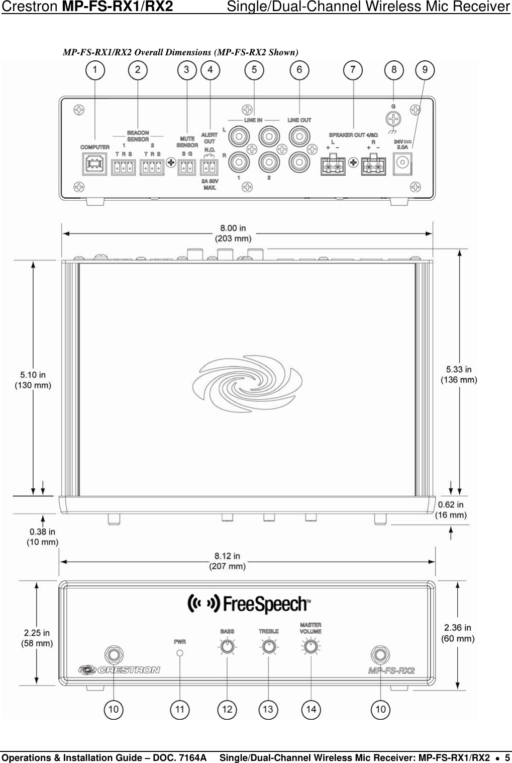 Crestron MP-FS-RX1/RX2    Single/Dual-Channel Wireless Mic Receiver MP-FS-RX1/RX2 Overall Dimensions (MP-FS-RX2 Shown)  Operations &amp; Installation Guide – DOC. 7164A  Single/Dual-Channel Wireless Mic Receiver: MP-FS-RX1/RX2  •  5 