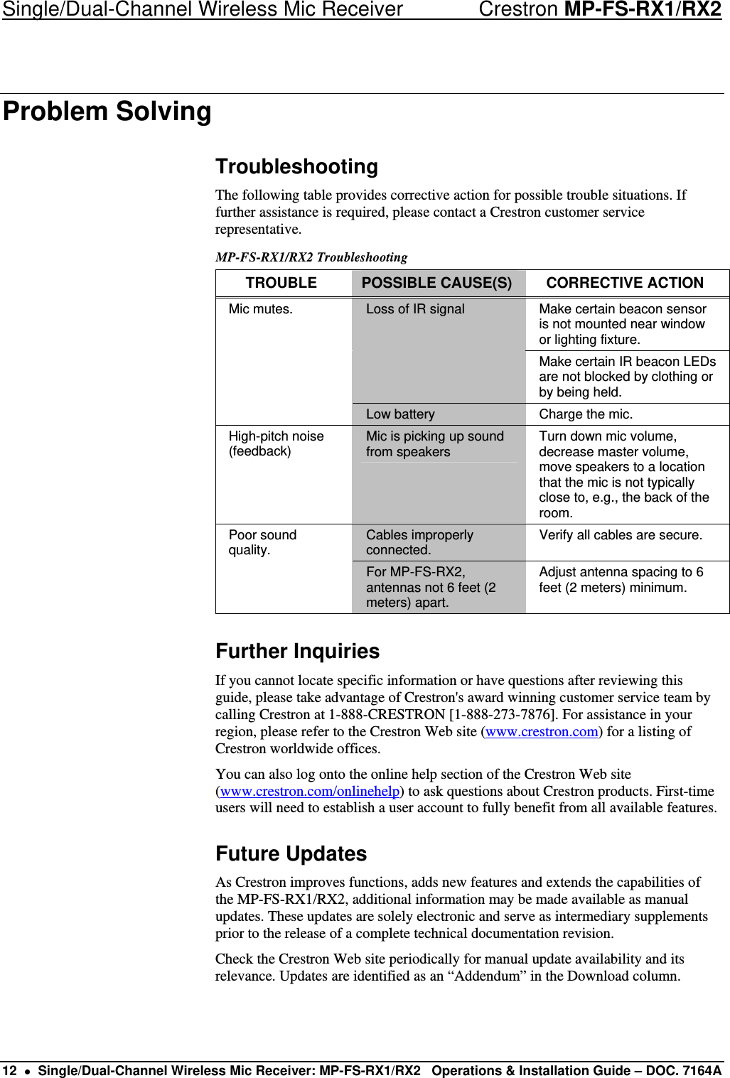 Single/Dual-Channel Wireless Mic Receiver    Crestron MP-FS-RX1/RX2 Problem Solving Troubleshooting The following table provides corrective action for possible trouble situations. If further assistance is required, please contact a Crestron customer service representative. MP-FS-RX1/RX2 Troubleshooting TROUBLE  POSSIBLE CAUSE(S)  CORRECTIVE ACTION Mic mutes.  Loss of IR signal  Make certain beacon sensor is not mounted near window or lighting fixture.     Make certain IR beacon LEDs are not blocked by clothing or by being held.  Low battery  Charge the mic. High-pitch noise (feedback)  Mic is picking up sound from speakers  Turn down mic volume, decrease master volume, move speakers to a location that the mic is not typically close to, e.g., the back of the room. Poor sound quality.  Cables improperly connected.  Verify all cables are secure.  For MP-FS-RX2, antennas not 6 feet (2 meters) apart. Adjust antenna spacing to 6 feet (2 meters) minimum. Further Inquiries If you cannot locate specific information or have questions after reviewing this guide, please take advantage of Crestron&apos;s award winning customer service team by calling Crestron at 1-888-CRESTRON [1-888-273-7876]. For assistance in your region, please refer to the Crestron Web site (www.crestron.com) for a listing of Crestron worldwide offices. You can also log onto the online help section of the Crestron Web site (www.crestron.com/onlinehelp) to ask questions about Crestron products. First-time users will need to establish a user account to fully benefit from all available features. Future Updates As Crestron improves functions, adds new features and extends the capabilities of the MP-FS-RX1/RX2, additional information may be made available as manual updates. These updates are solely electronic and serve as intermediary supplements prior to the release of a complete technical documentation revision. Check the Crestron Web site periodically for manual update availability and its relevance. Updates are identified as an “Addendum” in the Download column.  12  •  Single/Dual-Channel Wireless Mic Receiver: MP-FS-RX1/RX2  Operations &amp; Installation Guide – DOC. 7164A 