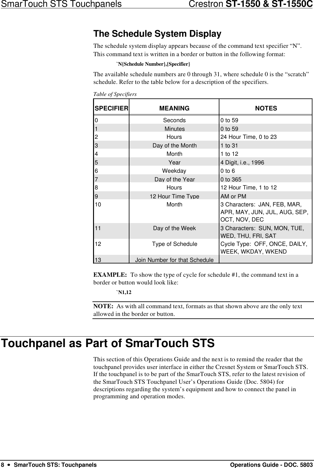 SmarTouch STS Touchpanels                            Crestron ST-1550 &amp; ST-1550C8  ••  SmarTouch STS: Touchpanels Operations Guide - DOC. 5803The Schedule System DisplayThe schedule system display appears because of the command text specifier “N”.This command text is written in a border or button in the following format:`N{Schedule Number},{Specifier}The available schedule numbers are 0 through 31, where schedule 0 is the “scratch”schedule. Refer to the table below for a description of the specifiers.Table of SpecifiersSPECIFIER MEANING NOTES0Seconds0 to 591Minutes0 to 592Hours24 Hour Time, 0 to 233Day of the Month1 to 314Month1 to 125Year4 Digit, i.e., 1996 6Weekday0 to 67Day of the Year0 to 365 8Hours12 Hour Time, 1 to 12912 Hour Time TypeAM or PM 10 Month 3 Characters:  JAN, FEB, MAR, APR, MAY, JUN, JUL, AUG, SEP, OCT, NOV, DEC11 Day of the Week 3 Characters:  SUN, MON, TUE, WED, THU, FRI, SAT12 Type of Schedule Cycle Type:  OFF, ONCE, DAILY, WEEK, WKDAY, WKEND13Join Number for that ScheduleEXAMPLE:  To show the type of cycle for schedule #1, the command text in aborder or button would look like:`N1,12NOTE:  As with all command text, formats as that shown above are the only textallowed in the border or button.Touchpanel as Part of SmarTouch STSThis section of this Operations Guide and the next is to remind the reader that thetouchpanel provides user interface in either the Cresnet System or SmarTouch STS.If the touchpanel is to be part of the SmarTouch STS, refer to the latest revision ofthe SmarTouch STS Touchpanel User’s Operations Guide (Doc. 5804) fordescriptions regarding the system’s equipment and how to connect the panel inprogramming and operation modes.