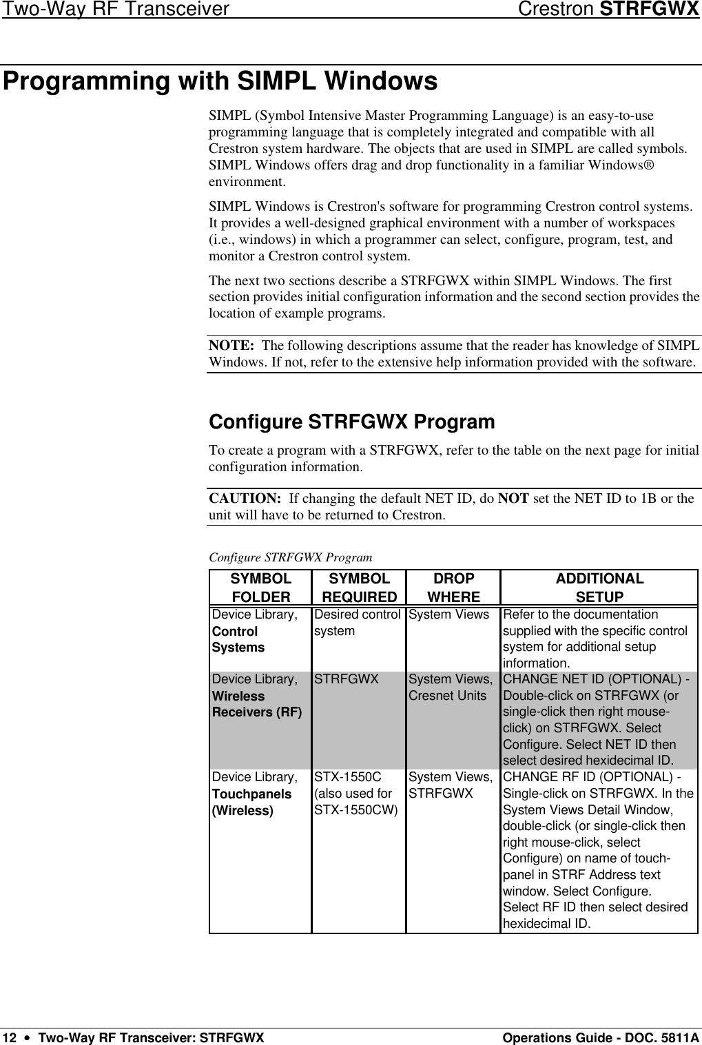 Two-Way RF Transceiver Crestron STRFGWX 12  ••  Two-Way RF Transceiver: STRFGWX Operations Guide - DOC. 5811A Programming with SIMPL Windows SIMPL (Symbol Intensive Master Programming Language) is an easy-to-use programming language that is completely integrated and compatible with all Crestron system hardware. The objects that are used in SIMPL are called symbols. SIMPL Windows offers drag and drop functionality in a familiar Windows® environment.  SIMPL Windows is Crestron&apos;s software for programming Crestron control systems. It provides a well-designed graphical environment with a number of workspaces (i.e., windows) in which a programmer can select, configure, program, test, and monitor a Crestron control system.  The next two sections describe a STRFGWX within SIMPL Windows. The first section provides initial configuration information and the second section provides the location of example programs. NOTE:  The following descriptions assume that the reader has knowledge of SIMPL Windows. If not, refer to the extensive help information provided with the software.  Configure STRFGWX Program To create a program with a STRFGWX, refer to the table on the next page for initial configuration information.  CAUTION:  If changing the default NET ID, do NOT set the NET ID to 1B or the unit will have to be returned to Crestron.  Configure STRFGWX Program SYMBOLSYMBOLDROPADDITIONALFOLDER REQUIRED WHERE SETUPDevice Library, Control SystemsDesired control system System Views Refer to the documentation supplied with the specific control system for additional setup information.Device Library, Wireless Receivers (RF)STRFGWX System Views, Cresnet Units CHANGE NET ID (OPTIONAL) - Double-click on STRFGWX (or single-click then right mouse-click) on STRFGWX. Select Configure. Select NET ID then select desired hexidecimal ID.CHANGE RF ID (OPTIONAL) - Single-click on STRFGWX. In the System Views Detail Window, double-click (or single-click then right mouse-click, select Configure) on name of touch-panel in STRF Address text window. Select Configure. Select RF ID then select desired hexidecimal ID.System Views, STRFGWXSTX-1550C (also used for STX-1550CW)Device Library, Touchpanels (Wireless) 