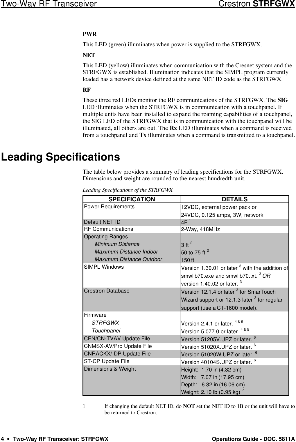 Two-Way RF Transceiver Crestron STRFGWX 4  ••  Two-Way RF Transceiver: STRFGWX Operations Guide - DOC. 5811A PWR This LED (green) illuminates when power is supplied to the STRFGWX. NET This LED (yellow) illuminates when communication with the Cresnet system and the STRFGWX is established. Illumination indicates that the SIMPL program currently loaded has a network device defined at the same NET ID code as the STRFGWX.  RF These three red LEDs monitor the RF communications of the STRFGWX. The SIG LED illuminates when the STRFGWX is in communication with a touchpanel. If multiple units have been installed to expand the roaming capabilities of a touchpanel, the SIG LED of the STRFGWX that is in communication with the touchpanel will be illuminated, all others are out. The Rx LED illuminates when a command is received from a touchpanel and Tx illuminates when a command is transmitted to a touchpanel.  Leading Specifications The table below provides a summary of leading specifications for the STRFGWX. Dimensions and weight are rounded to the nearest hundredth unit.  Leading Specifications of the STRFGWX SPECIFICATION DETAILSPower Requirements 12VDC, external power pack or24VDC, 0.125 amps, 3W, networkDefault NET ID4F 1RF Communications 2-Way, 418MHzOperating Ranges       Minimum Distance 3 ft 2       Maximum Distance Indoor 50 to 75 ft 2       Maximum Distance Outdoor 150 ftSIMPL Windows Version 1.30.01 or later 3 with the addition of smwlib70.exe and smwlib70.txt. 3 OR version 1.40.02 or later. 3Crestron Database Version 12.1.4 or later 3 for SmarTouch Wizard support or 12.1.3 later 3 for regular support (use a CT-1600 model).Firmware     STRFGWX Version 2.4.1 or later. 4 &amp; 5     Touchpanel Version 5.077.0 or later. 4 &amp; 5CEN/CN-TVAV Update File Version 51205V.UPZ or later. 6CNMSX-AV/Pro Update File Version 51020X.UPZ or later. 6CNRACKX/-DP Update File Version 51020W.UPZ or later. 6ST-CP Update FileVersion 40104S.UPZ or later. 6Dimensions &amp; Weight Height:  1.70 in (4.32 cm)                                                                       Width:   7.07 in (17.95 cm)Depth:   6.32 in (16.06 cm) Weight: 2.10 lb (0.95 kg) 7 1 If changing the default NET ID, do NOT set the NET ID to 1B or the unit will have to be returned to Crestron. 