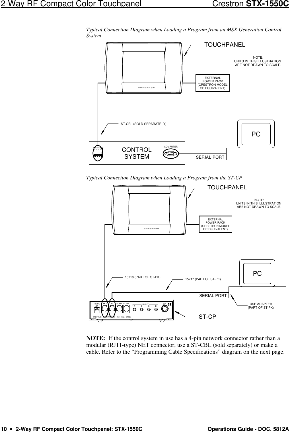 2-Way RF Compact Color Touchpanel Crestron STX-1550C 10  ••  2-Way RF Compact Color Touchpanel: STX-1550C Operations Guide - DOC. 5812A Typical Connection Diagram when Loading a Program from an MSX Generation Control System CRESTRONPCTOUCHPANELEXTERNALPOWER PACK(CRESTRON MODELOR EQUIVALENT)NOTE:UNITS IN THIS ILLUSTRATION ARE NOT DRAWN TO SCALE.ST-CBL (SOLD SEPARATELY)NETG24 ZYCONTROLSYSTEMCOMPUTERSERIAL PORT Typical Connection Diagram when Loading a Program from the ST-CP CRESTRON15710 (PART OF ST-PK)ST-CPSERIAL PORT15717 (PART OF ST-PK)USE ADAPTER(PART OF ST-PK)TOUCHPANELNOTE:UNITS IN THIS ILLUSTRATION ARE NOT DRAWN TO SCALE.PCEXTERNALPOWER PACK(CRESTRON MODELOR EQUIVALENT)RFCRESTRON ELECTRONICS INC. N.J. 07626DBCIR OUTAPC COMBCOMANET12VDC.5A NOTE:  If the control system in use has a 4-pin network connector rather than a modular (RJ11-type) NET connector, use a ST-CBL (sold separately) or make a cable. Refer to the “Programming Cable Specifications” diagram on the next page.  