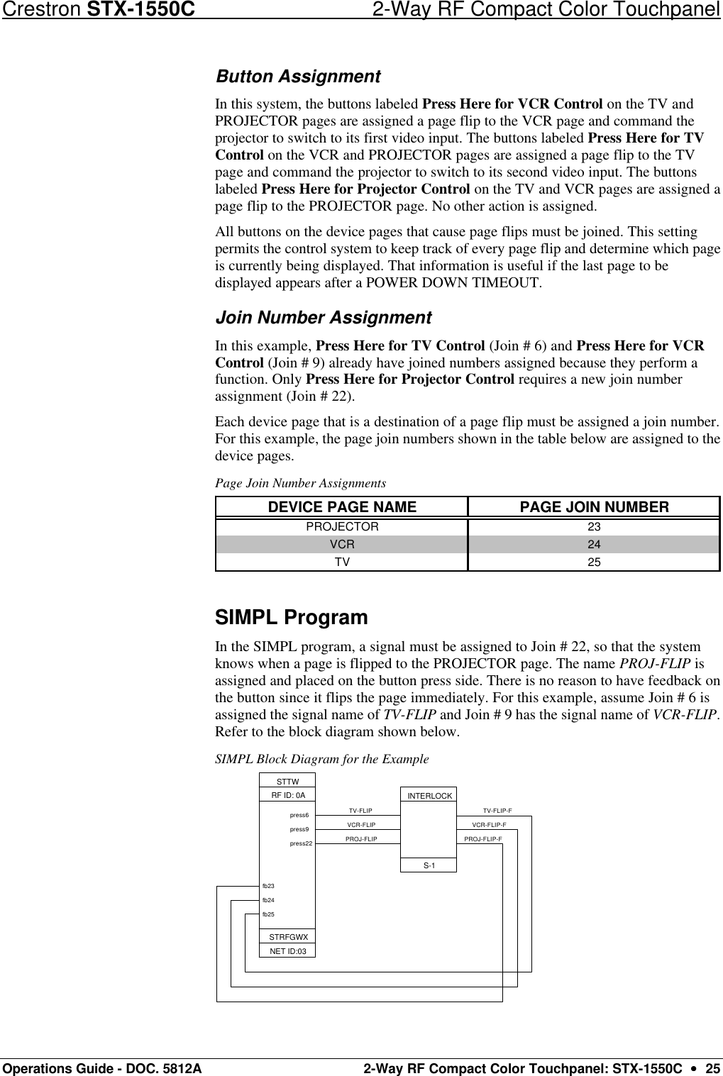 Crestron STX-1550C 2-Way RF Compact Color Touchpanel Operations Guide - DOC. 5812A 2-Way RF Compact Color Touchpanel: STX-1550C  ••  25 Button Assignment In this system, the buttons labeled Press Here for VCR Control on the TV and PROJECTOR pages are assigned a page flip to the VCR page and command the projector to switch to its first video input. The buttons labeled Press Here for TV Control on the VCR and PROJECTOR pages are assigned a page flip to the TV page and command the projector to switch to its second video input. The buttons labeled Press Here for Projector Control on the TV and VCR pages are assigned a page flip to the PROJECTOR page. No other action is assigned.  All buttons on the device pages that cause page flips must be joined. This setting permits the control system to keep track of every page flip and determine which page is currently being displayed. That information is useful if the last page to be displayed appears after a POWER DOWN TIMEOUT.  Join Number Assignment In this example, Press Here for TV Control (Join # 6) and Press Here for VCR Control (Join # 9) already have joined numbers assigned because they perform a function. Only Press Here for Projector Control requires a new join number assignment (Join # 22).  Each device page that is a destination of a page flip must be assigned a join number. For this example, the page join numbers shown in the table below are assigned to the device pages.  Page Join Number Assignments DEVICE PAGE NAME PAGE JOIN NUMBERPROJECTOR 23VCR 24TV 25  SIMPL Program In the SIMPL program, a signal must be assigned to Join # 22, so that the system knows when a page is flipped to the PROJECTOR page. The name PROJ-FLIP is assigned and placed on the button press side. There is no reason to have feedback on the button since it flips the page immediately. For this example, assume Join # 6 is assigned the signal name of TV-FLIP and Join # 9 has the signal name of VCR-FLIP. Refer to the block diagram shown below.  SIMPL Block Diagram for the Example INTERLOCKfb25STRFGWXNET ID:03fb23fb24press6press22press9STTWRF ID: 0ATV-FLIPVCR-FLIPPROJ-FLIPS-1PROJ-FLIP-FVCR-FLIP-FTV-FLIP-F 