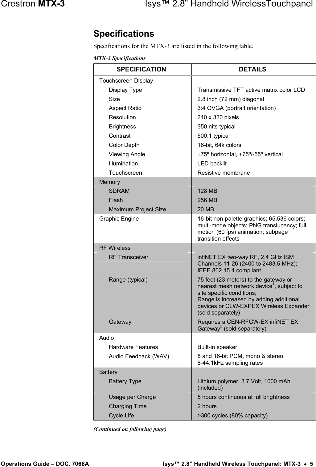 Crestron MTX-3    Isys™ 2.8” Handheld WirelessTouchpanel Specifications Specifications for the MTX-3 are listed in the following table. MTX-3 Specifications SPECIFICATION DETAILS Touchscreen Display     Display Type  Transmissive TFT active matrix color LCD   Size  2.8 inch (72 mm) diagonal   Aspect Ratio  3:4 QVGA (portrait orientation)   Resolution  240 x 320 pixels   Brightness  350 nits typical  Contrast  500:1 typical   Color Depth  16-bit, 64k colors   Viewing Angle  ±75º horizontal, +75º/-55º vertical  Illumination  LED backlit  Touchscreen  Resistive membrane Memory    SDRAM  128 MB  Flash  256 MB   Maximum Project Size  20 MB Graphic Engine  16-bit non-palette graphics; 65,536 colors; multi-mode objects; PNG translucency; full motion (60 fps) animation; subpage transition effects RF Wireless    RF Transceiver  infiNET EX two-way RF, 2.4 GHz ISM Channels 11-26 (2400 to 2483.5 MHz); IEEE 802.15.4 compliant  Range (typical)  75 feet (23 meters) to the gateway or nearest mesh network device1, subject to site specific conditions; Range is increased by adding additional devices or CLW-EXPEX Wireless Expander (sold separately)  Gateway  Requires a CEN-RFGW-EX infiNET EX Gateway2 (sold separately) Audio    Hardware Features  Built-in speaker   Audio Feedback (WAV)  8 and 16-bit PCM, mono &amp; stereo,  8-44.1kHz sampling rates Battery    Battery Type  Lithium polymer, 3.7 Volt, 1000 mAh (included)   Usage per Charge  5 hours continuous at full brightness  Charging Time  2 hours  Cycle Life  &gt;300 cycles (80% capacity) (Continued on following page)  Operations Guide – DOC. 7066A  Isys™ 2.8” Handheld Wireless Touchpanel: MTX-3  •  5 