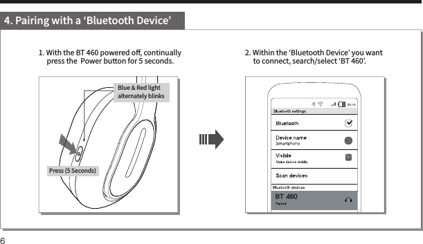 62. Within the ‘Bluetooth Device’ you want      to connect, search/select ‘BT 460’.BT 4601. With the BT 460 powered oﬀ , continually      press the  Power button for 5 seconds.Blue &amp; Red light alternately blinksPress (5 Seconds)