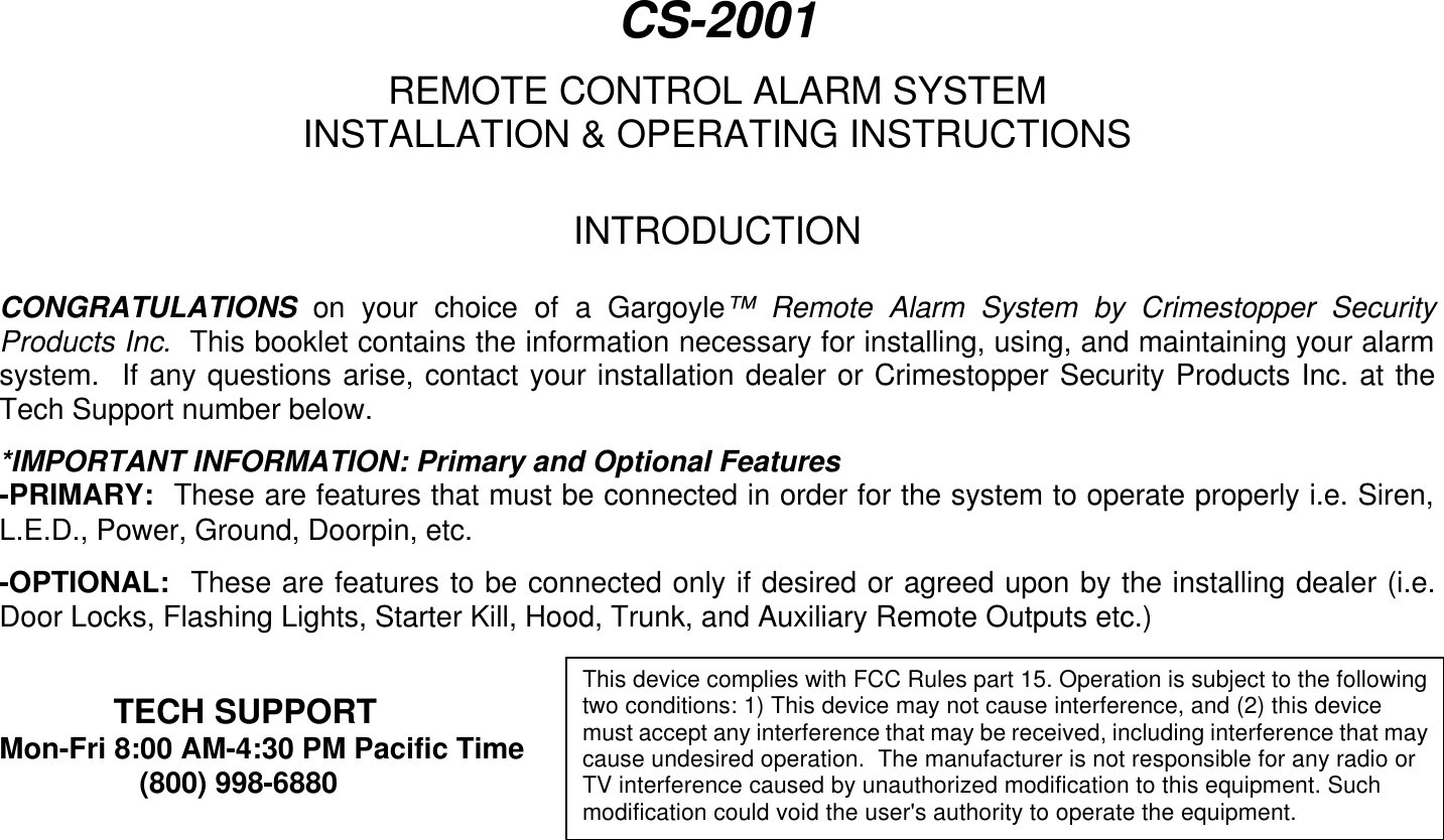 Page 1 of 12 - Crimestopper-Security-Products Crimestopper-Security-Products-Cs-2001-Users-Manual- CS2001man1  Crimestopper-security-products-cs-2001-users-manual