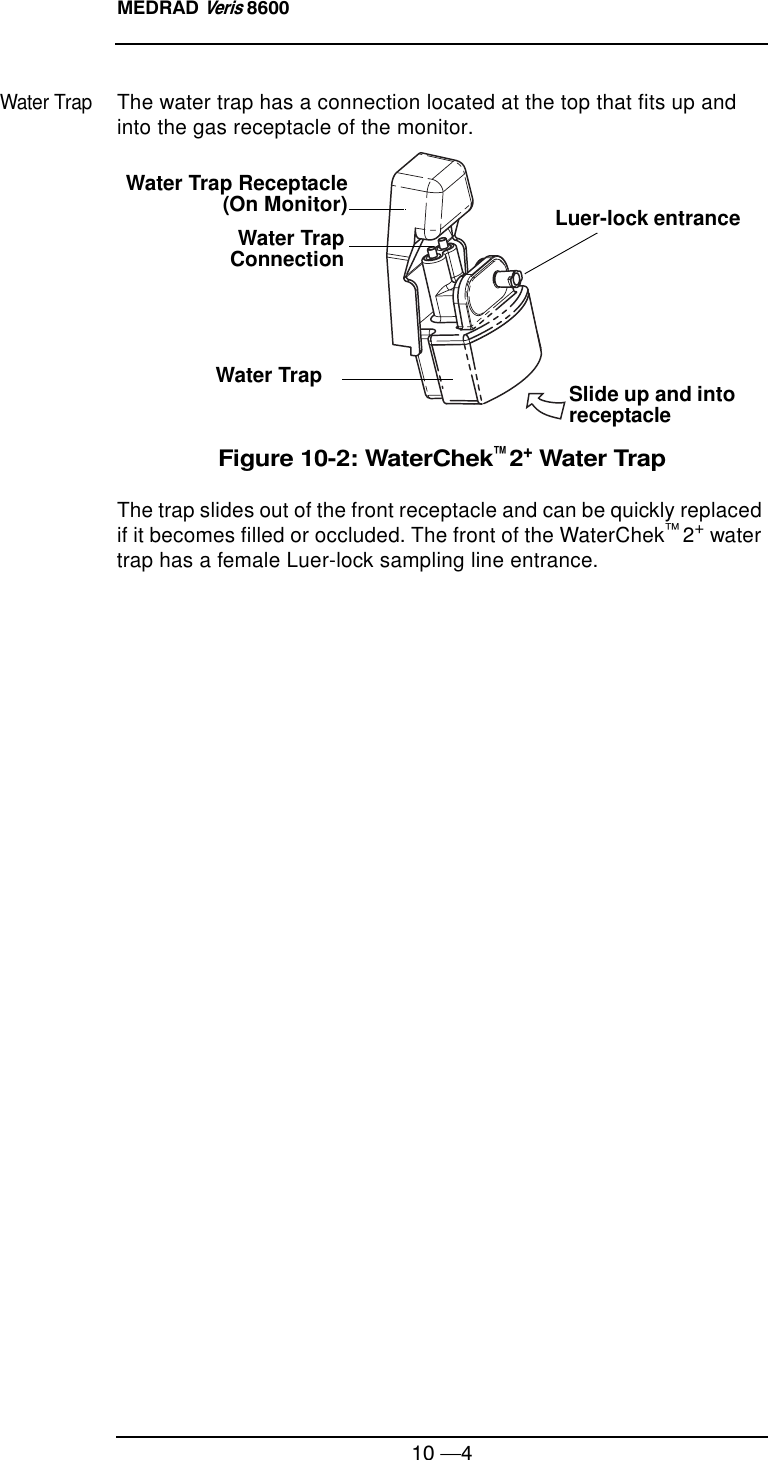 MEDRAD Veris 860010 —4Water TrapThe water trap has a connection located at the top that fits up and into the gas receptacle of the monitor. Figure 10-2: WaterChek™ 2+ Water TrapThe trap slides out of the front receptacle and can be quickly replaced if it becomes filled or occluded. The front of the WaterChek™ 2+ water trap has a female Luer-lock sampling line entrance.Luer-lock entrance Slide up and into receptacleWater TrapWater Trap Receptacle (On Monitor)Water Trap Connection