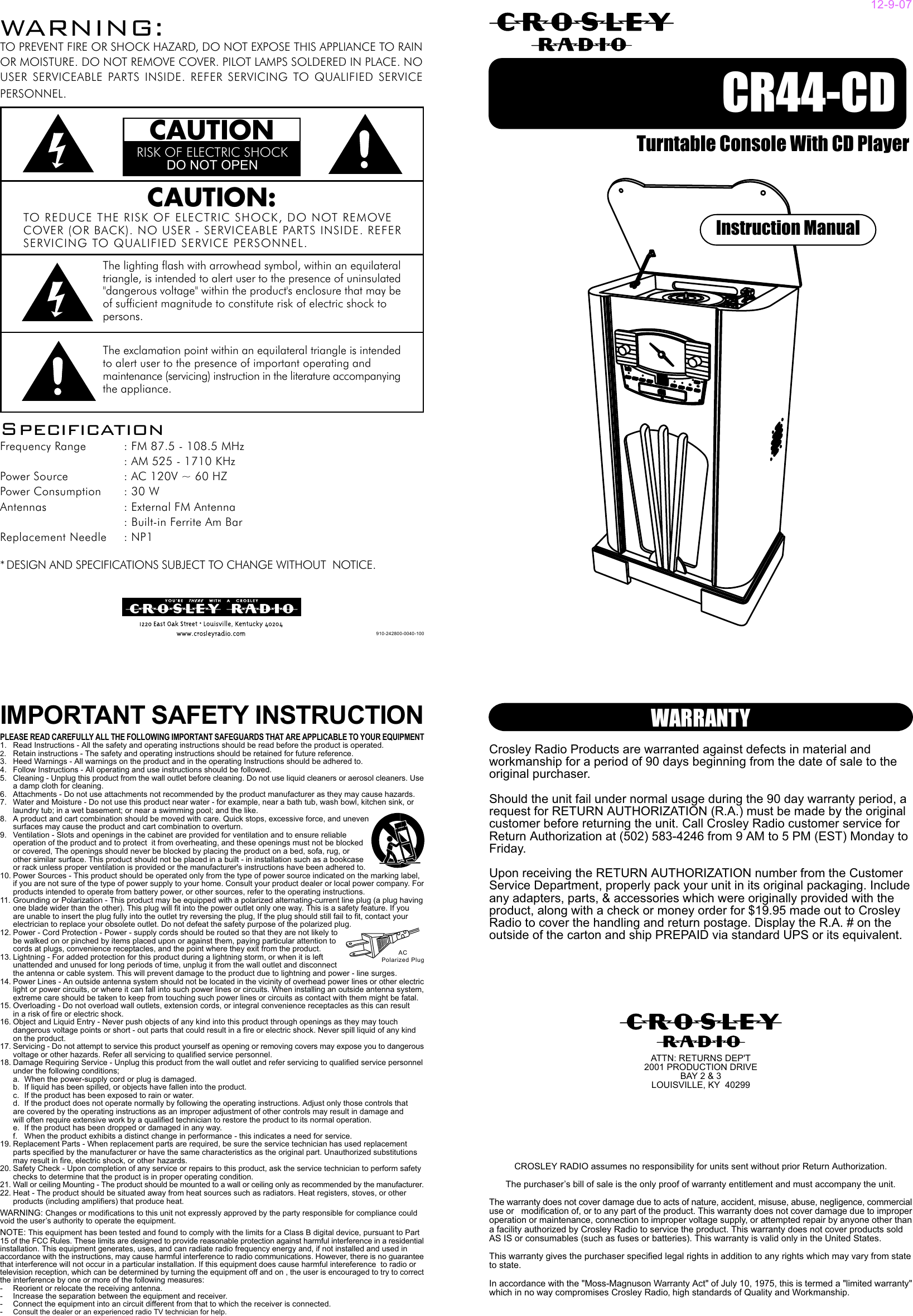 Page 1 of 2 - Crosley-Radio Crosley-Radio-Cd-Console-Cr44Cd-Users-Manual- 910-242800-0040-100.FH10  Crosley-radio-cd-console-cr44cd-users-manual