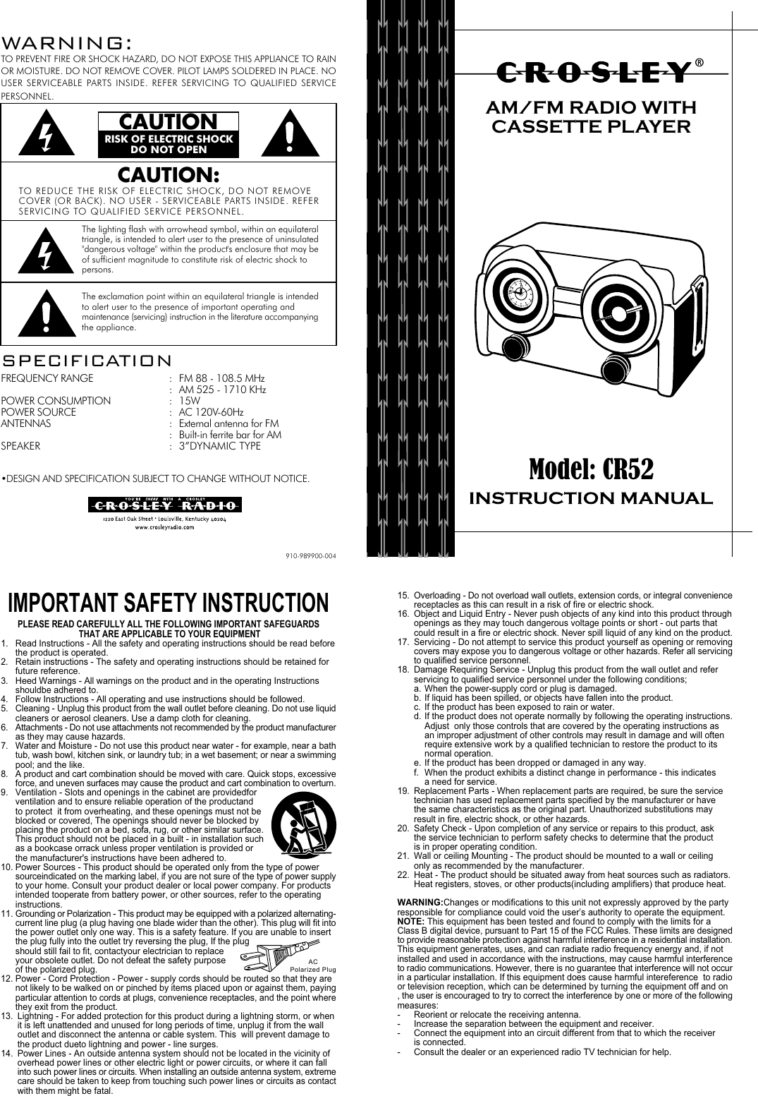 Page 1 of 2 - Crosley-Radio Crosley-Radio-Coloradio-Cr52-Users-Manual- 910-989900-004.FH10  Crosley-radio-coloradio-cr52-users-manual