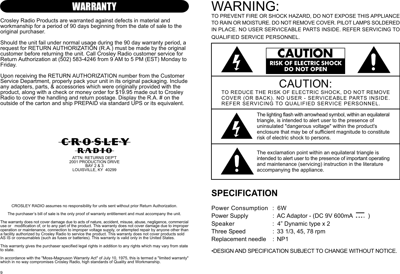 Page 2 of 6 - Crosley-Radio Crosley-Radio-Cr40-Users-Manual- 910-272100-001.FH10  Crosley-radio-cr40-users-manual