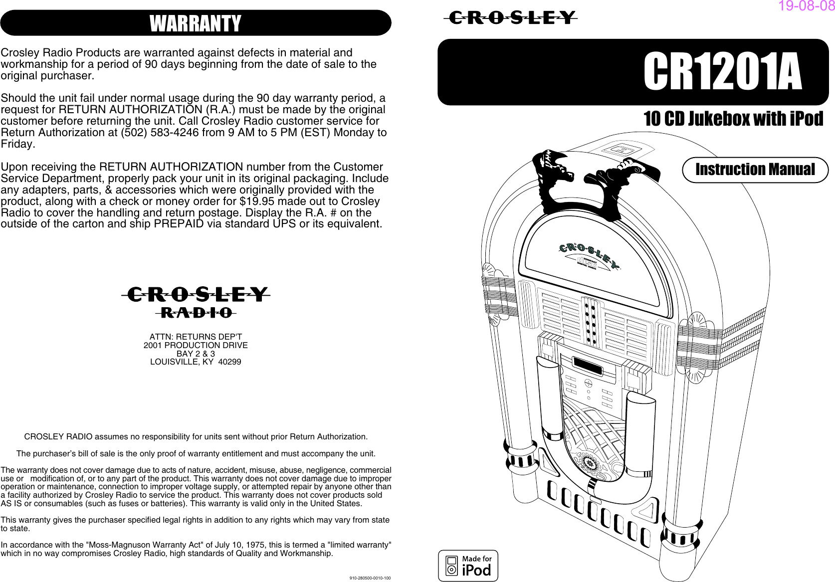 Page 1 of 8 - Crosley-Radio Crosley-Radio-Full-Size-Jukebox-Cr12-10-Users-Manual- 910-280500-0010-100.FH10  Crosley-radio-full-size-jukebox-cr12-10-users-manual