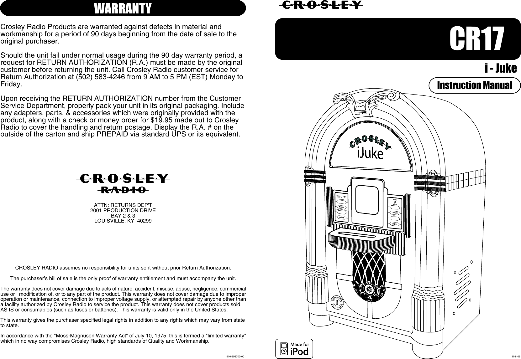 Page 1 of 6 - Crosley-Radio Crosley-Radio-Ijuke-Cr17-Users-Manual- 910-256700-001.FH10  Crosley-radio-ijuke-cr17-users-manual