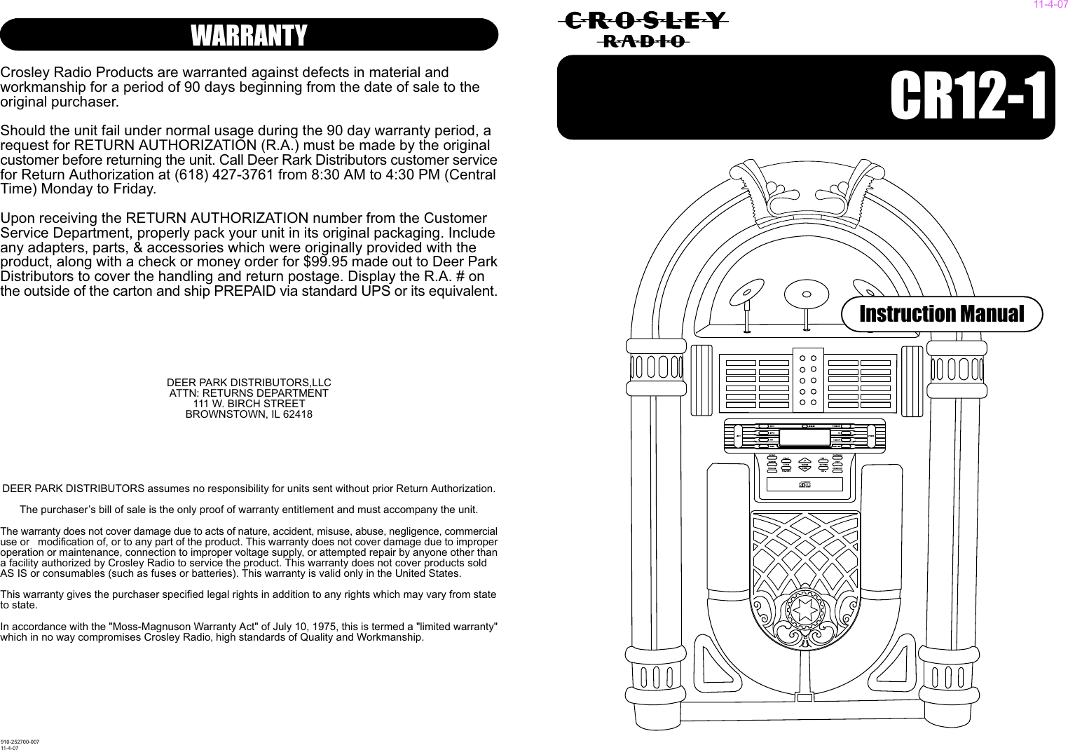 Page 1 of 6 - Crosley-Radio Crosley-Radio-Jukebox-With-Cd-Cr12-1-Users-Manual- 910-252700-007.FH10  Crosley-radio-jukebox-with-cd-cr12-1-users-manual