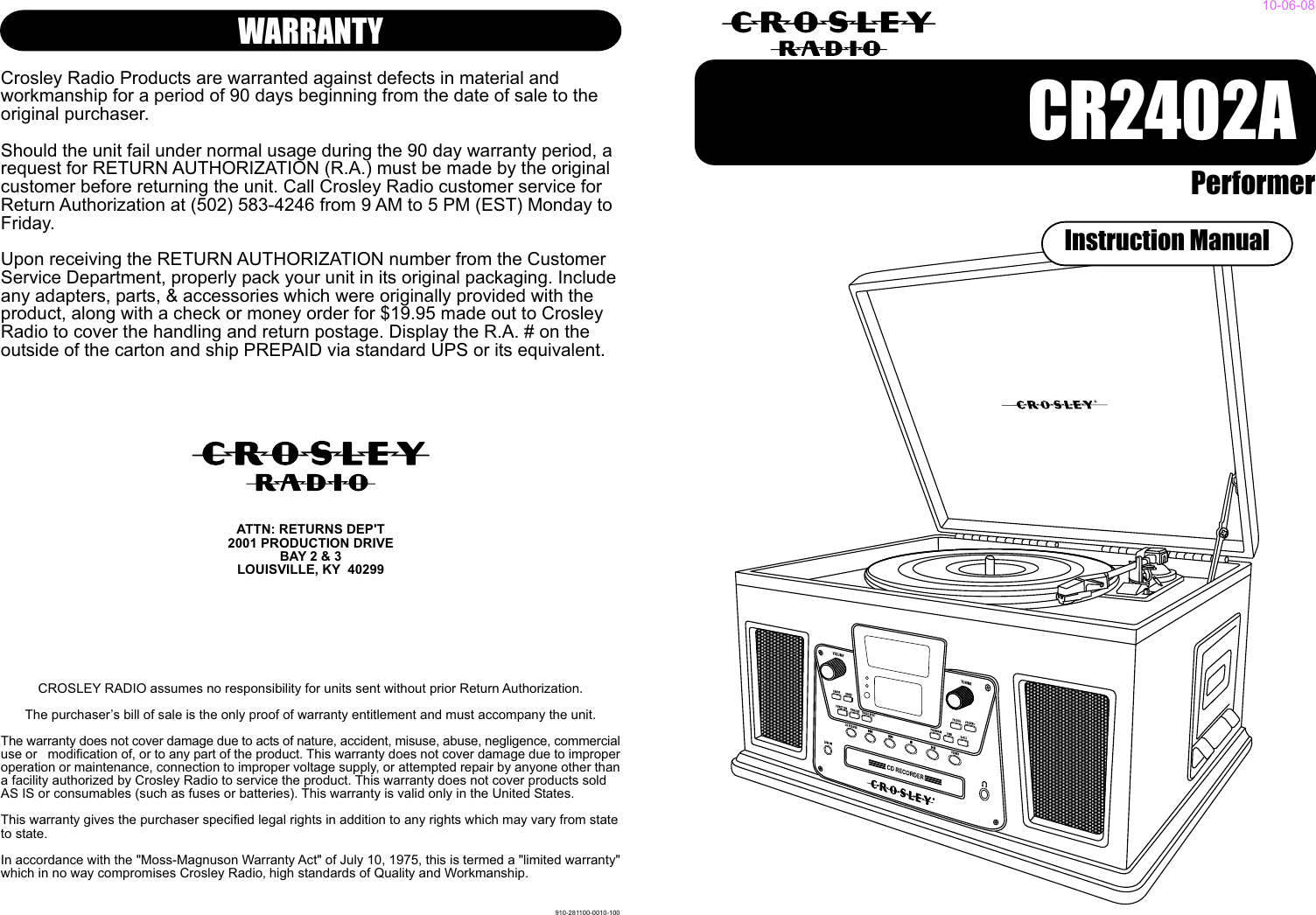 Crosley Radio Performer Cr2402A Users Manual 910 281100 0010 100.FH10
