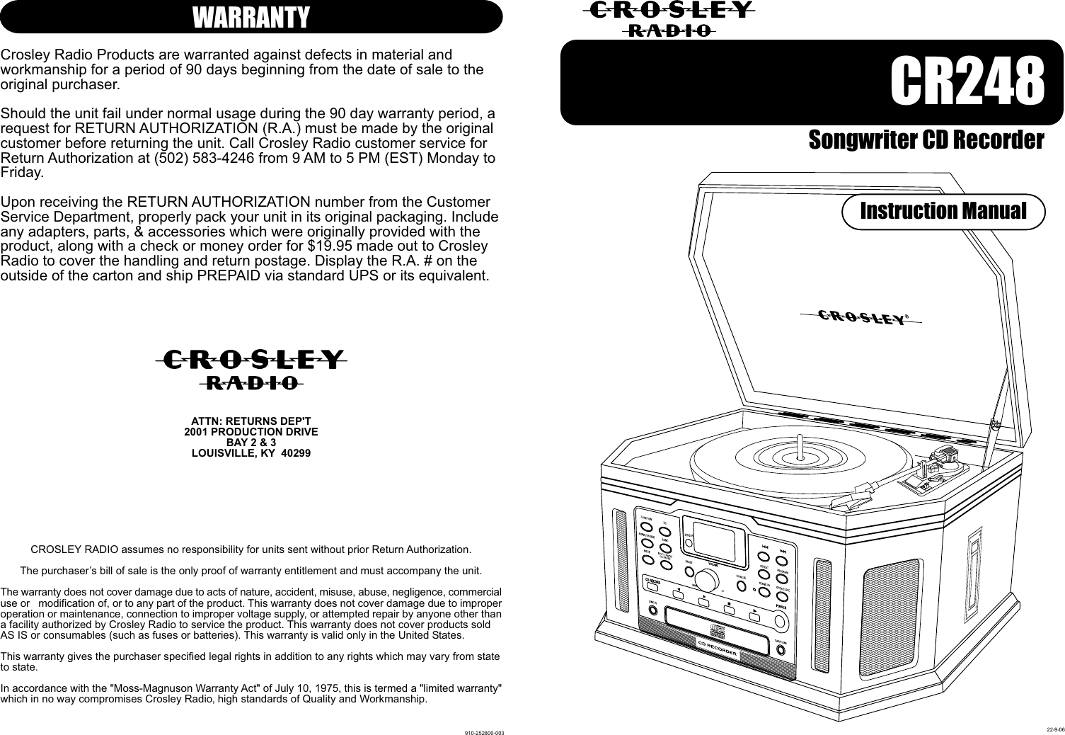 Page 1 of 8 - Crosley-Radio Crosley-Radio-Songwriter-Cd-Burner-Cr248-Users-Manual- 910-252800-003.FH10  Crosley-radio-songwriter-cd-burner-cr248-users-manual