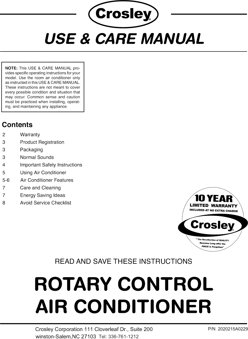 Page 1 of 8 - Crosley CAE10MA User Manual AIR CONDITIONER - Manuals And Guides L0907331
