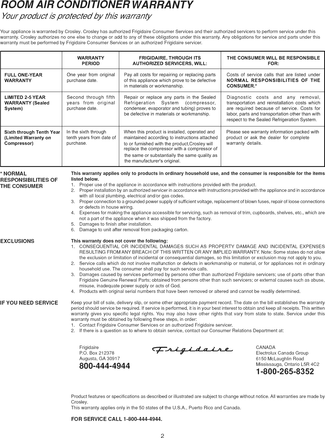 Page 2 of 8 - Crosley CAE10MA User Manual AIR CONDITIONER - Manuals And Guides L0907331