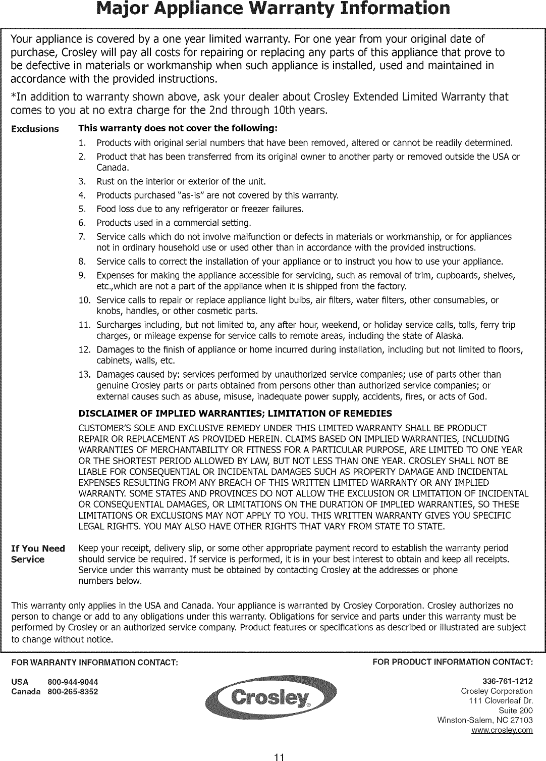 Crosley CFC09LW0 User Manual FREEZER Manuals And Guides L1002466
