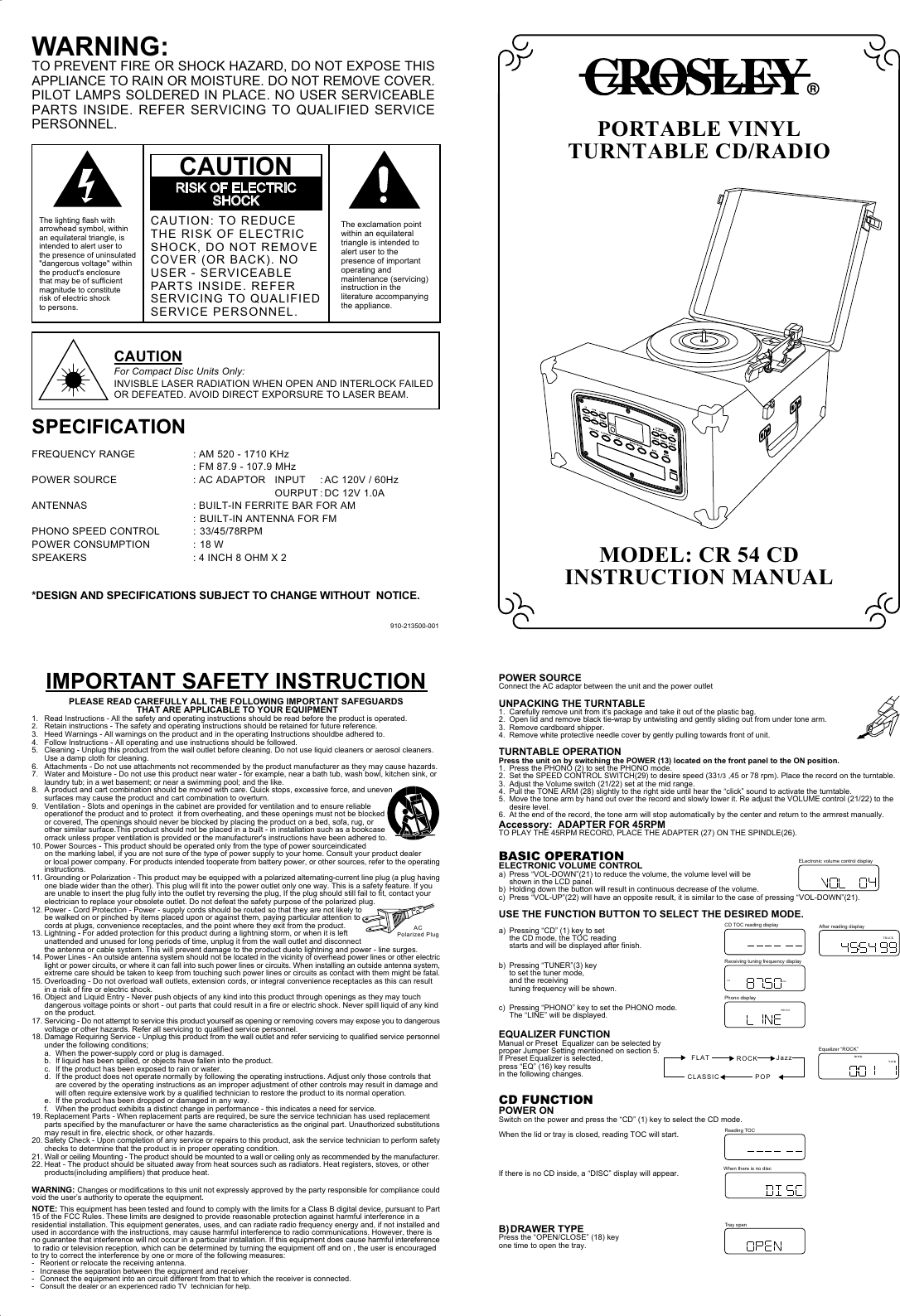 Page 1 of 2 - Crosley Crosley-Cr-54-Cd-Users-Manual- 910-213500-001.FH10  Crosley-cr-54-cd-users-manual