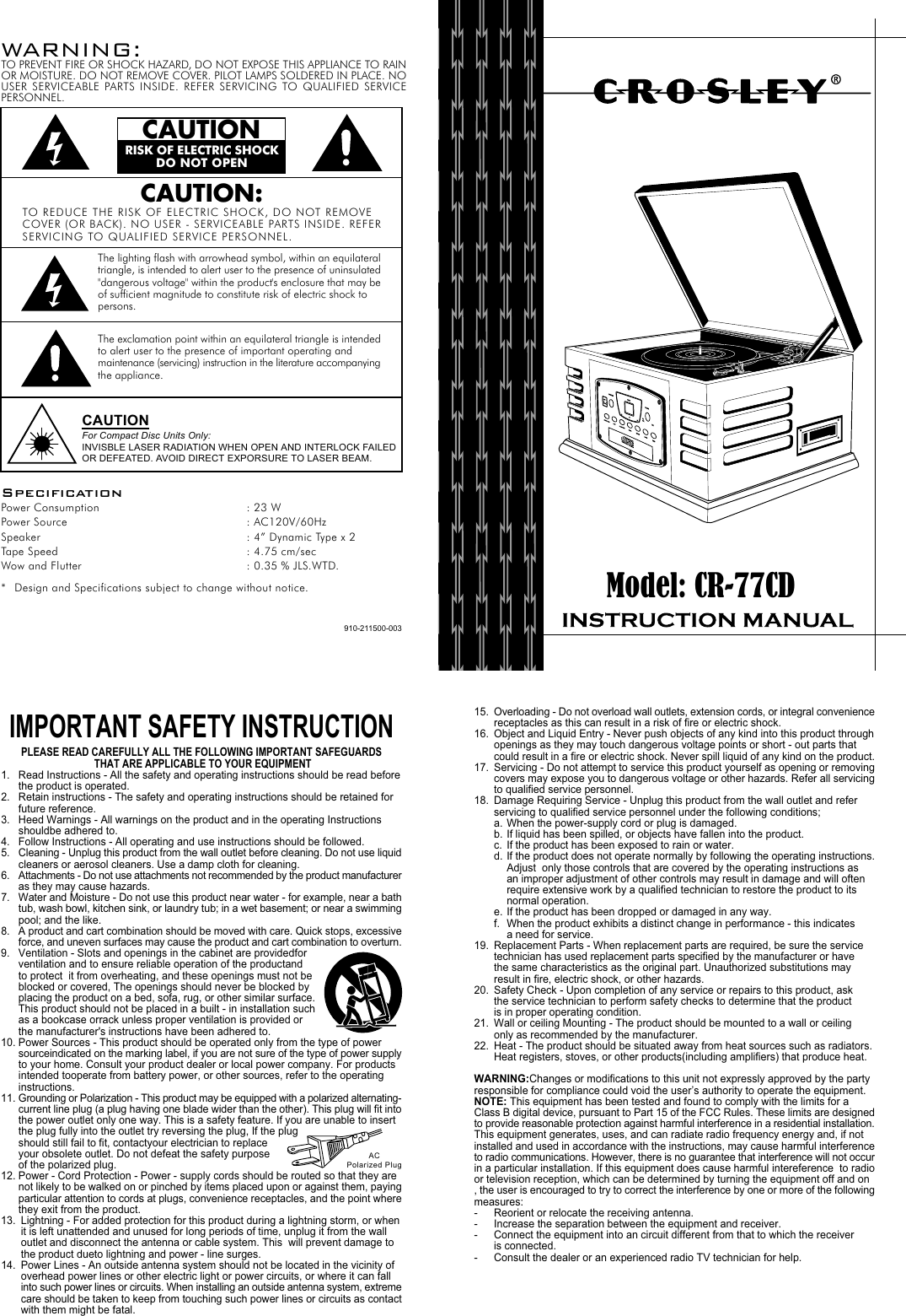 Crosley Cr Cd Users Manual Fh