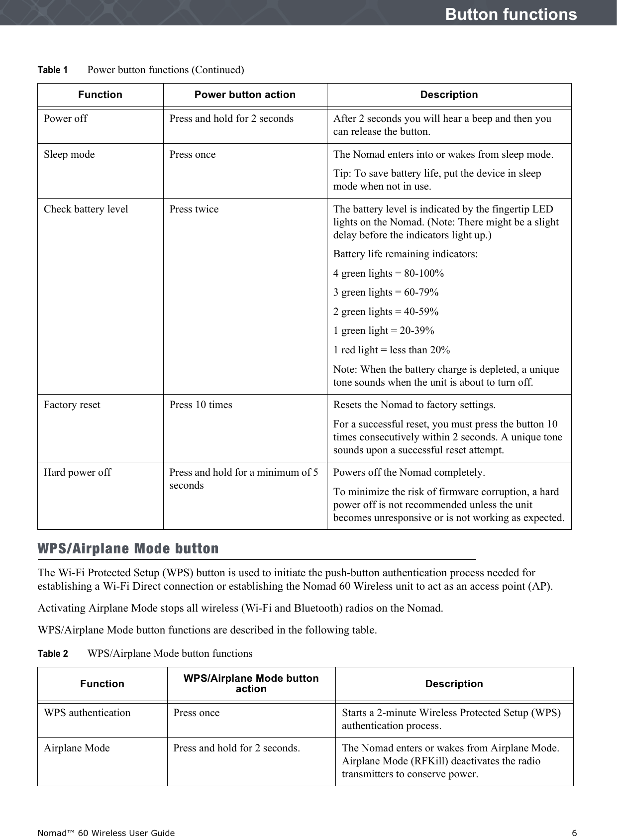 Nomad™ 60 Wireless User Guide    6Button functionsWPS/Airplane Mode buttonThe Wi-Fi Protected Setup (WPS) button is used to initiate the push-button authentication process needed for establishing a Wi-Fi Direct connection or establishing the Nomad 60 Wireless unit to act as an access point (AP). Activating Airplane Mode stops all wireless (Wi-Fi and Bluetooth) radios on the Nomad.WPS/Airplane Mode button functions are described in the following table.Power off Press and hold for 2 seconds After 2 seconds you will hear a beep and then you can release the button.Sleep mode Press once The Nomad enters into or wakes from sleep mode. Tip: To save battery life, put the device in sleep mode when not in use.Check battery level Press twice The battery level is indicated by the fingertip LED lights on the Nomad. (Note: There might be a slight delay before the indicators light up.)Battery life remaining indicators:4 green lights = 80-100% 3 green lights = 60-79%2 green lights = 40-59% 1 green light = 20-39%1 red light = less than 20%Note: When the battery charge is depleted, a unique tone sounds when the unit is about to turn off.Factory reset Press 10 times Resets the Nomad to factory settings. For a successful reset, you must press the button 10 times consecutively within 2 seconds. A unique tone sounds upon a successful reset attempt.Hard power off Press and hold for a minimum of 5 secondsPowers off the Nomad completely.To minimize the risk of firmware corruption, a hard power off is not recommended unless the unit becomes unresponsive or is not working as expected.Table 2 WPS/Airplane Mode button functionsFunction WPS/Airplane Mode button action DescriptionWPS authentication Press once Starts a 2-minute Wireless Protected Setup (WPS) authentication process. Airplane Mode Press and hold for 2 seconds. The Nomad enters or wakes from Airplane Mode. Airplane Mode (RFKill) deactivates the radio transmitters to conserve power. Table 1 Power button functions (Continued)Function Power button action Description