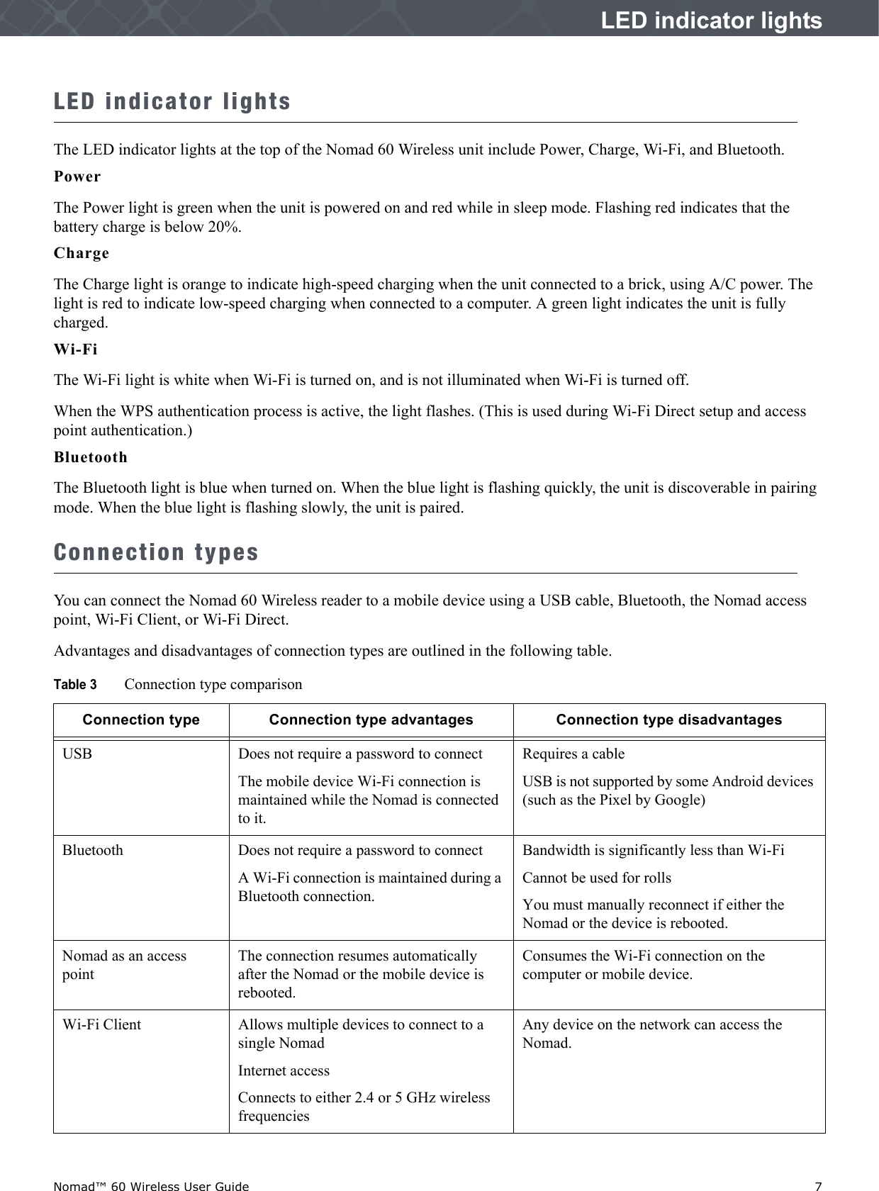 Nomad™ 60 Wireless User Guide    7LED indicator lightsLED indicator lightsThe LED indicator lights at the top of the Nomad 60 Wireless unit include Power, Charge, Wi-Fi, and Bluetooth.PowerThe Power light is green when the unit is powered on and red while in sleep mode. Flashing red indicates that the battery charge is below 20%.ChargeThe Charge light is orange to indicate high-speed charging when the unit connected to a brick, using A/C power. The light is red to indicate low-speed charging when connected to a computer. A green light indicates the unit is fully charged. Wi-FiThe Wi-Fi light is white when Wi-Fi is turned on, and is not illuminated when Wi-Fi is turned off. When the WPS authentication process is active, the light flashes. (This is used during Wi-Fi Direct setup and access point authentication.)BluetoothThe Bluetooth light is blue when turned on. When the blue light is flashing quickly, the unit is discoverable in pairing mode. When the blue light is flashing slowly, the unit is paired.Connection typesYou can connect the Nomad 60 Wireless reader to a mobile device using a USB cable, Bluetooth, the Nomad access point, Wi-Fi Client, or Wi-Fi Direct.Advantages and disadvantages of connection types are outlined in the following table.Table 3 Connection type comparisonConnection type Connection type advantages Connection type disadvantagesUSB Does not require a password to connectThe mobile device Wi-Fi connection is maintained while the Nomad is connected to it.Requires a cableUSB is not supported by some Android devices (such as the Pixel by Google) Bluetooth Does not require a password to connectA Wi-Fi connection is maintained during a Bluetooth connection.Bandwidth is significantly less than Wi-FiCannot be used for rollsYou must manually reconnect if either the Nomad or the device is rebooted.Nomad as an access pointThe connection resumes automatically after the Nomad or the mobile device is rebooted.Consumes the Wi-Fi connection on the computer or mobile device.Wi-Fi Client Allows multiple devices to connect to a single NomadInternet access Connects to either 2.4 or 5 GHz wireless frequenciesAny device on the network can access the Nomad.