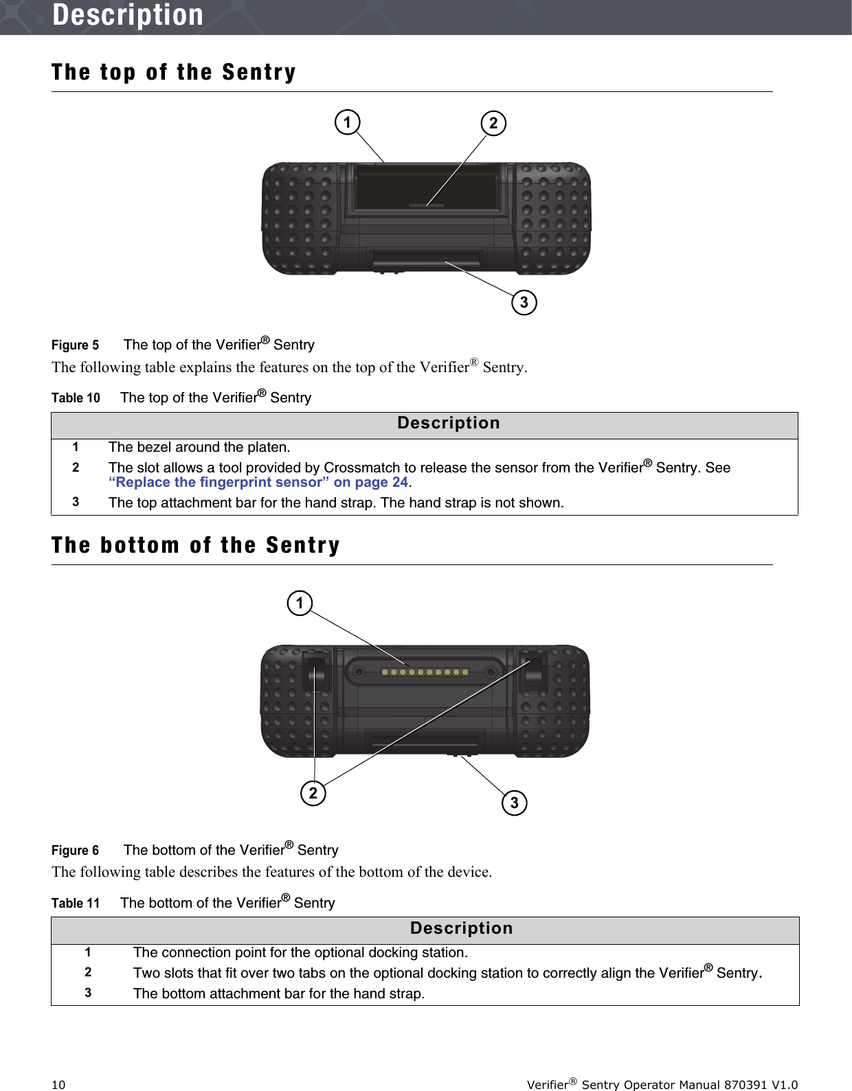 10 Verifier® Sentry Operator Manual 870391 V1.0IntroductionDescriptionThe top of the SentryFigure 5  The top of the Verifier® SentryThe following table explains the features on the top of the Verifier® Sentry. The bottom of the SentryFigure 6  The bottom of the Verifier® SentryThe following table describes the features of the bottom of the device.Table 10The top of the Verifier® SentryDescription1The bezel around the platen. 2The slot allows a tool provided by Crossmatch to release the sensor from the Verifier® Sentry. See “Replace the fingerprint sensor” on page 24.3The top attachment bar for the hand strap. The hand strap is not shown.Table 11The bottom of the Verifier® SentryDescription1The connection point for the optional docking station.2Two slots that fit over two tabs on the optional docking station to correctly align the Verifier® Sentry.3The bottom attachment bar for the hand strap.213132