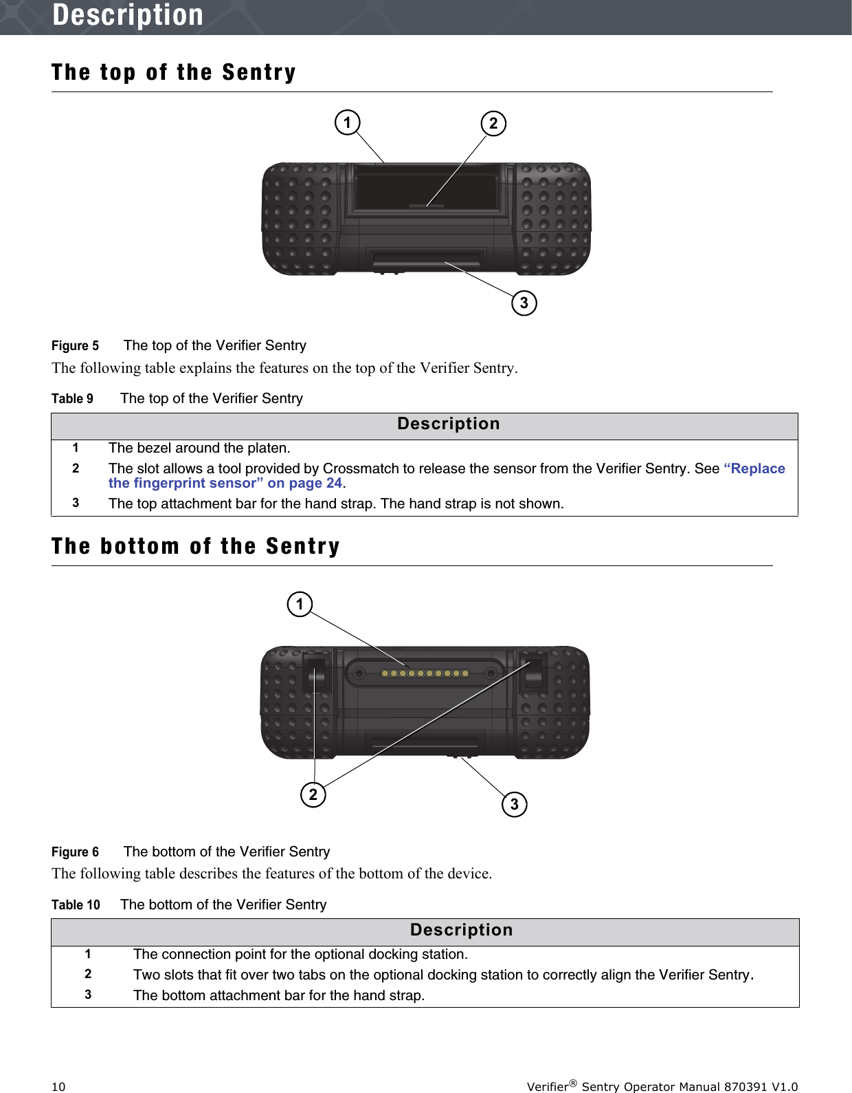 10 Verifier® Sentry Operator Manual 870391 V1.0IntroductionDescriptionThe top of the SentryFigure 5  The top of the Verifier SentryThe following table explains the features on the top of the Verifier Sentry. The bottom of the SentryFigure 6  The bottom of the Verifier SentryThe following table describes the features of the bottom of the device.Table 9The top of the Verifier SentryDescription1The bezel around the platen. 2The slot allows a tool provided by Crossmatch to release the sensor from the Verifier Sentry. See “Replace the fingerprint sensor” on page 24.3The top attachment bar for the hand strap. The hand strap is not shown.Table 10The bottom of the Verifier SentryDescription1The connection point for the optional docking station.2Two slots that fit over two tabs on the optional docking station to correctly align the Verifier Sentry.3The bottom attachment bar for the hand strap.213132