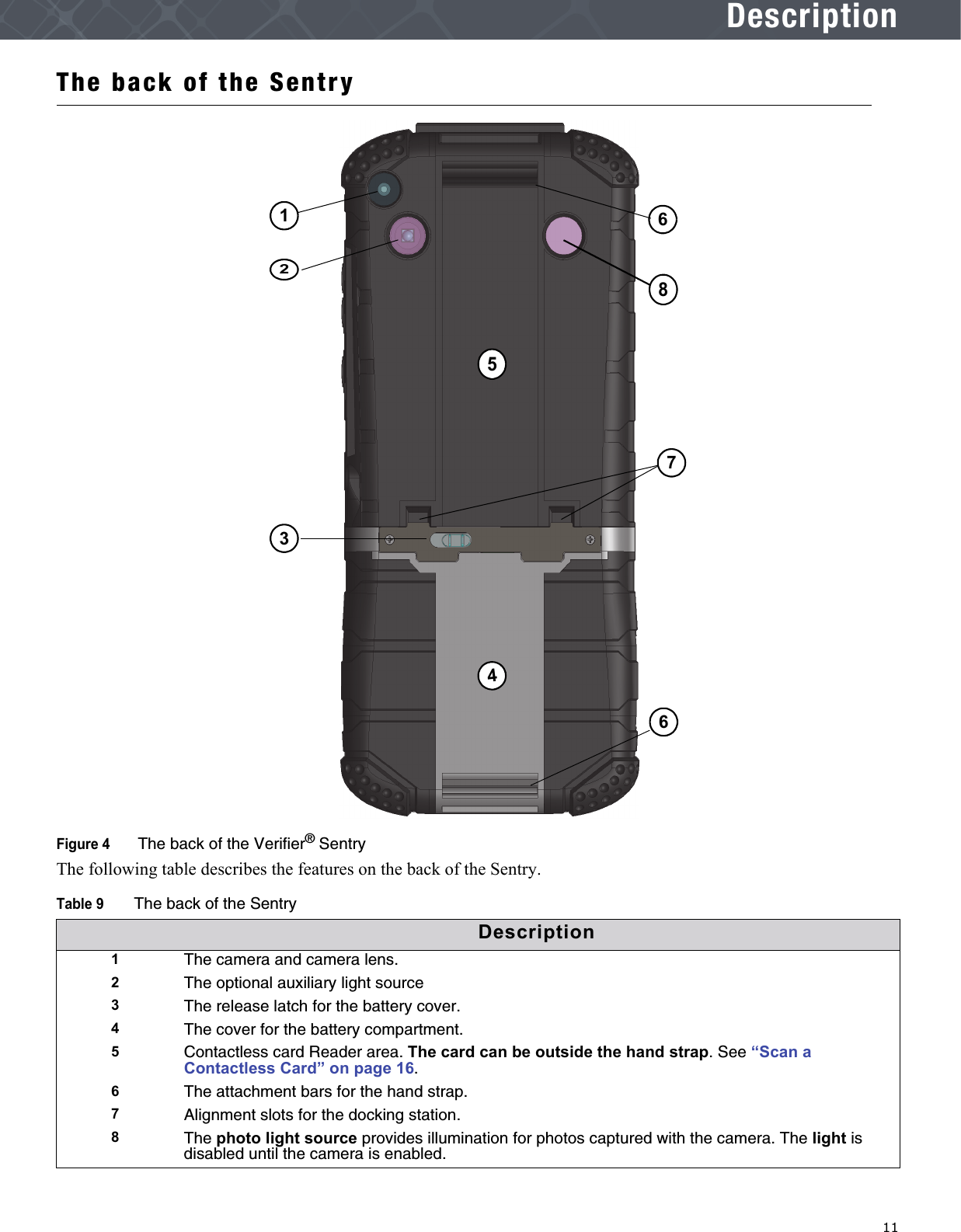   11DescriptionThe back of the SentryFigure 4  The back of the Verifier® SentryThe following table describes the features on the back of the Sentry.Table 9The back of the SentryDescription1The camera and camera lens. 2The optional auxiliary light source3The release latch for the battery cover.4The cover for the battery compartment.5Contactless card Reader area. The card can be outside the hand strap. See “Scan a Contactless Card” on page 16.6The attachment bars for the hand strap.7Alignment slots for the docking station.8The photo light source provides illumination for photos captured with the camera. The light is disabled until the camera is enabled.136247856