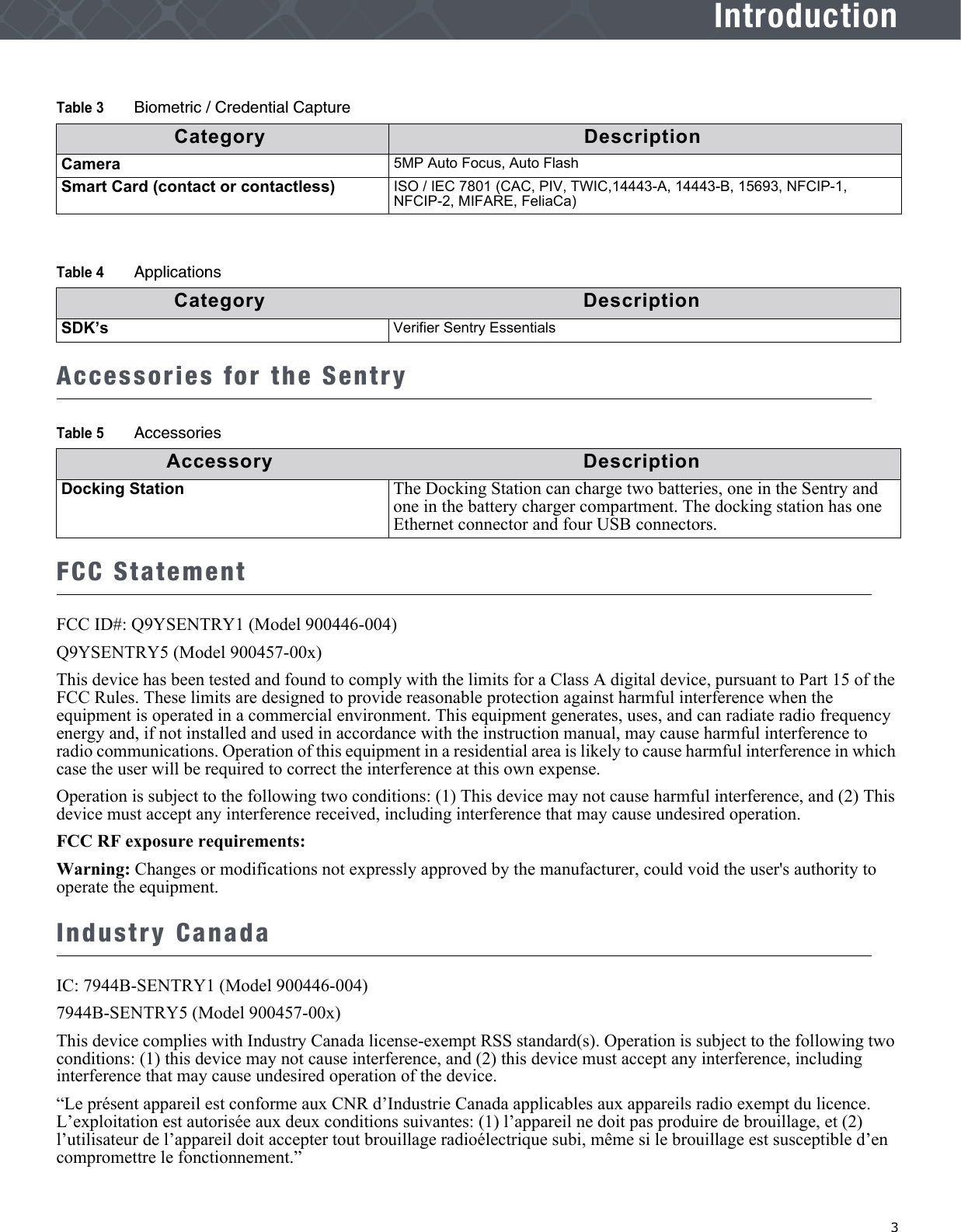   3IntroductionAccessories for the SentryFCC StatementFCC ID#: Q9YSENTRY1 (Model 900446-004)Q9YSENTRY5 (Model 900457-00x) This device has been tested and found to comply with the limits for a Class A digital device, pursuant to Part 15 of the FCC Rules. These limits are designed to provide reasonable protection against harmful interference when the equipment is operated in a commercial environment. This equipment generates, uses, and can radiate radio frequency energy and, if not installed and used in accordance with the instruction manual, may cause harmful interference to radio communications. Operation of this equipment in a residential area is likely to cause harmful interference in which case the user will be required to correct the interference at this own expense.Operation is subject to the following two conditions: (1) This device may not cause harmful interference, and (2) This device must accept any interference received, including interference that may cause undesired operation.FCC RF exposure requirements:Warning: Changes or modifications not expressly approved by the manufacturer, could void the user&apos;s authority to operate the equipment.Industry CanadaIC: 7944B-SENTRY1 (Model 900446-004)7944B-SENTRY5 (Model 900457-00x)This device complies with Industry Canada license-exempt RSS standard(s). Operation is subject to the following two conditions: (1) this device may not cause interference, and (2) this device must accept any interference, including interference that may cause undesired operation of the device.“Le présent appareil est conforme aux CNR d’Industrie Canada applicables aux appareils radio exempt du licence. L’exploitation est autorisée aux deux conditions suivantes: (1) l’appareil ne doit pas produire de brouillage, et (2) l’utilisateur de l’appareil doit accepter tout brouillage radioélectrique subi, même si le brouillage est susceptible d’en compromettre le fonctionnement.”Camera 5MP Auto Focus, Auto FlashSmart Card (contact or contactless) ISO / IEC 7801 (CAC, PIV, TWIC,14443-A, 14443-B, 15693, NFCIP-1, NFCIP-2, MIFARE, FeliaCa)Table 4 ApplicationsCategory DescriptionSDK’s Verifier Sentry EssentialsTable 5 AccessoriesAccessory DescriptionDocking Station The Docking Station can charge two batteries, one in the Sentry and one in the battery charger compartment. The docking station has one Ethernet connector and four USB connectors.Table 3 Biometric / Credential CaptureCategory Description