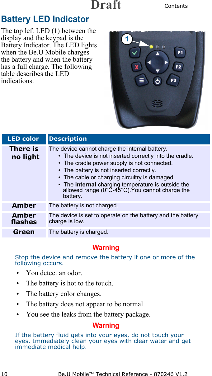 Contents10 Be.U Mobile™ Technical Reference - 870246 V1.2Battery LED IndicatorThe top left LED (1) between the display and the keypad is the Battery Indicator. The LED lights when the Be.U Mobile charges the battery and when the battery has a full charge. The following table describes the LED indications.WarningStop the device and remove the battery if one or more of the following occurs.• You detect an odor.• The battery is hot to the touch.• The battery color changes.• The battery does not appear to be normal.• You see the leaks from the battery package.WarningIf the battery fluid gets into your eyes, do not touch your eyes. Immediately clean your eyes with clear water and get immediate medical help.LED color DescriptionThere is  no lightThe device cannot charge the internal battery.•  The device is not inserted correctly into the cradle.•  The cradle power supply is not connected.•  The battery is not inserted correctly. •  The cable or charging circuitry is damaged. •  The internal charging temperature is outside the allowed range (0°C-45°C).You cannot charge the battery.Amber The battery is not charged.Amber flashesThe device is set to operate on the battery and the battery charge is low.Green The battery is charged. 1Draft