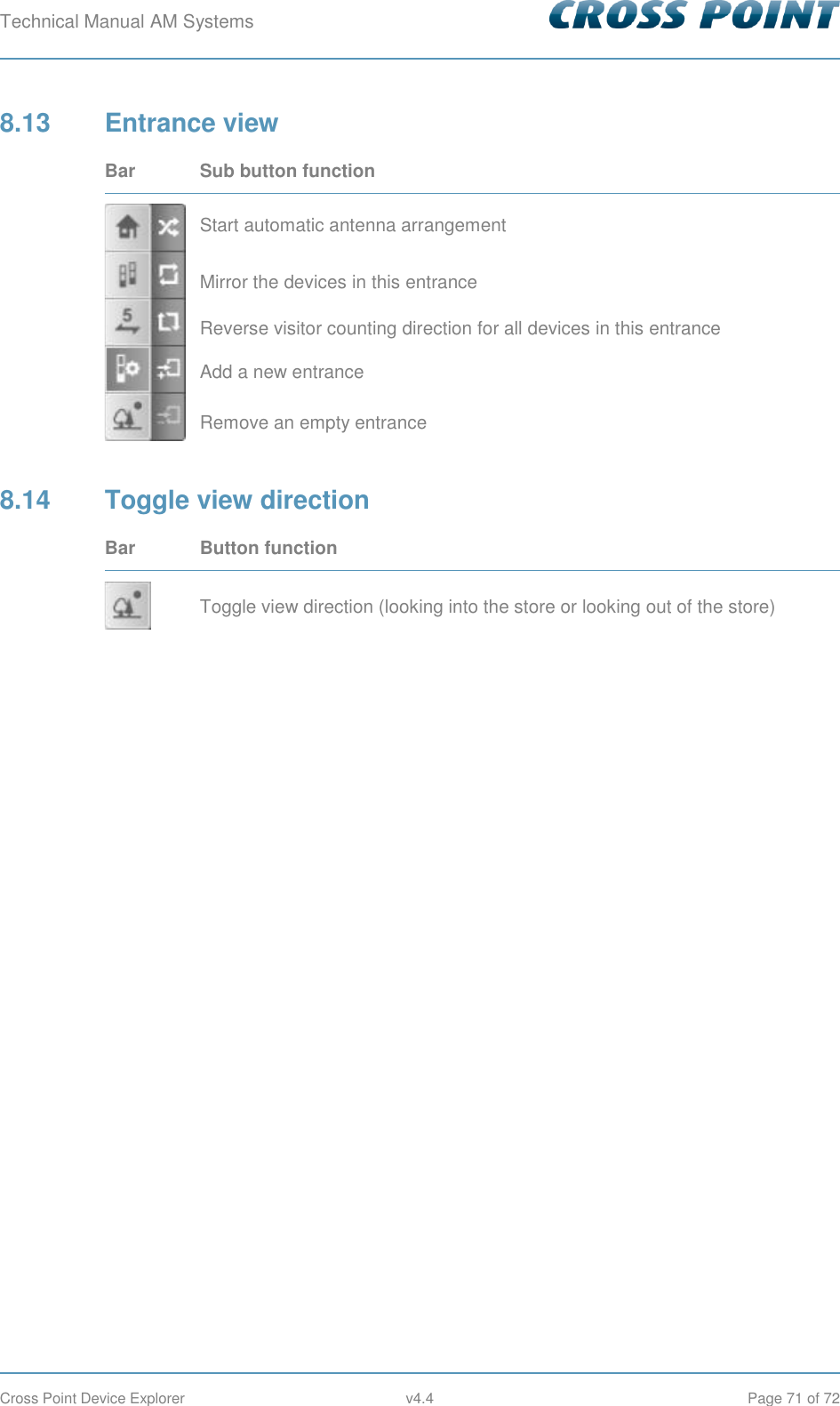 Technical Manual AM Systems        Cross Point Device Explorer  v4.4  Page 71 of 72 8.13  Entrance view Bar Sub button function  Start automatic antenna arrangement Mirror the devices in this entrance Reverse visitor counting direction for all devices in this entrance Add a new entrance Remove an empty entrance 8.14  Toggle view direction Bar Button function  Toggle view direction (looking into the store or looking out of the store)       