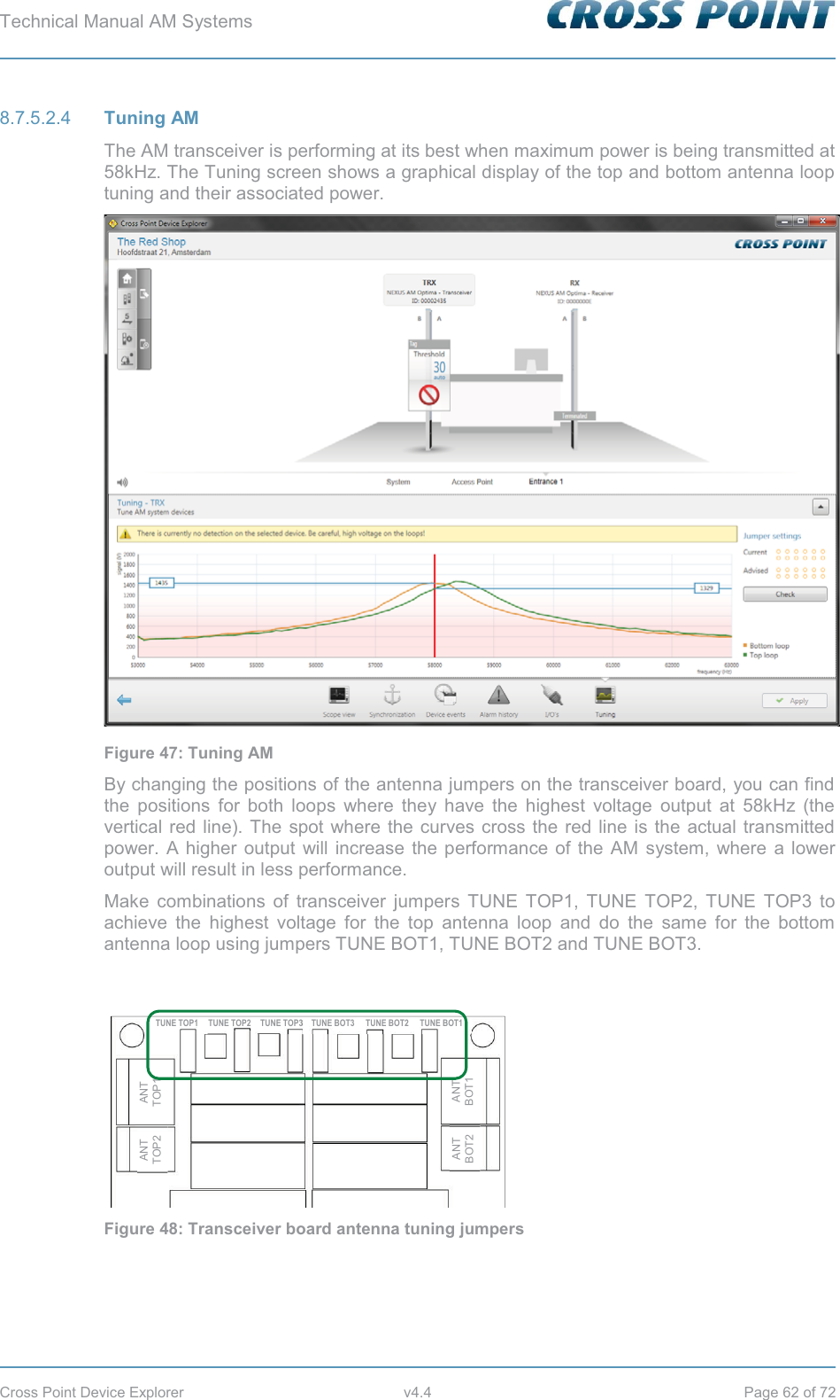 Technical Manual AM Systems        Cross Point Device Explorer  v4.4  Page 62 of 72  Tuning AM 8.7.5.2.4The AM transceiver is performing at its best when maximum power is being transmitted at 58kHz. The Tuning screen shows a graphical display of the top and bottom antenna loop tuning and their associated power.  Figure 47: Tuning AM By changing the positions of the antenna jumpers on the transceiver board, you can find the positions for both loops where they have the highest voltage output at 58kHz (the vertical red line). The spot where the curves cross the red line is the actual transmitted power. A higher output will increase the performance of the AM system, where a lower output will result in less performance. Make combinations of transceiver jumpers TUNE TOP1, TUNE TOP2, TUNE TOP3 to achieve the highest voltage for the top antenna loop and do the same for the bottom antenna loop using jumpers TUNE BOT1, TUNE BOT2 and TUNE BOT3.   Figure 48: Transceiver board antenna tuning jumpers    ANT BOT2 ANT BOT1 ANT TOP2 ANT TOP1 TUNE TOP1 TUNE TOP2 TUNE TOP3 3TUNE BOT3 TUNE BOT2 TUNE BOT1 