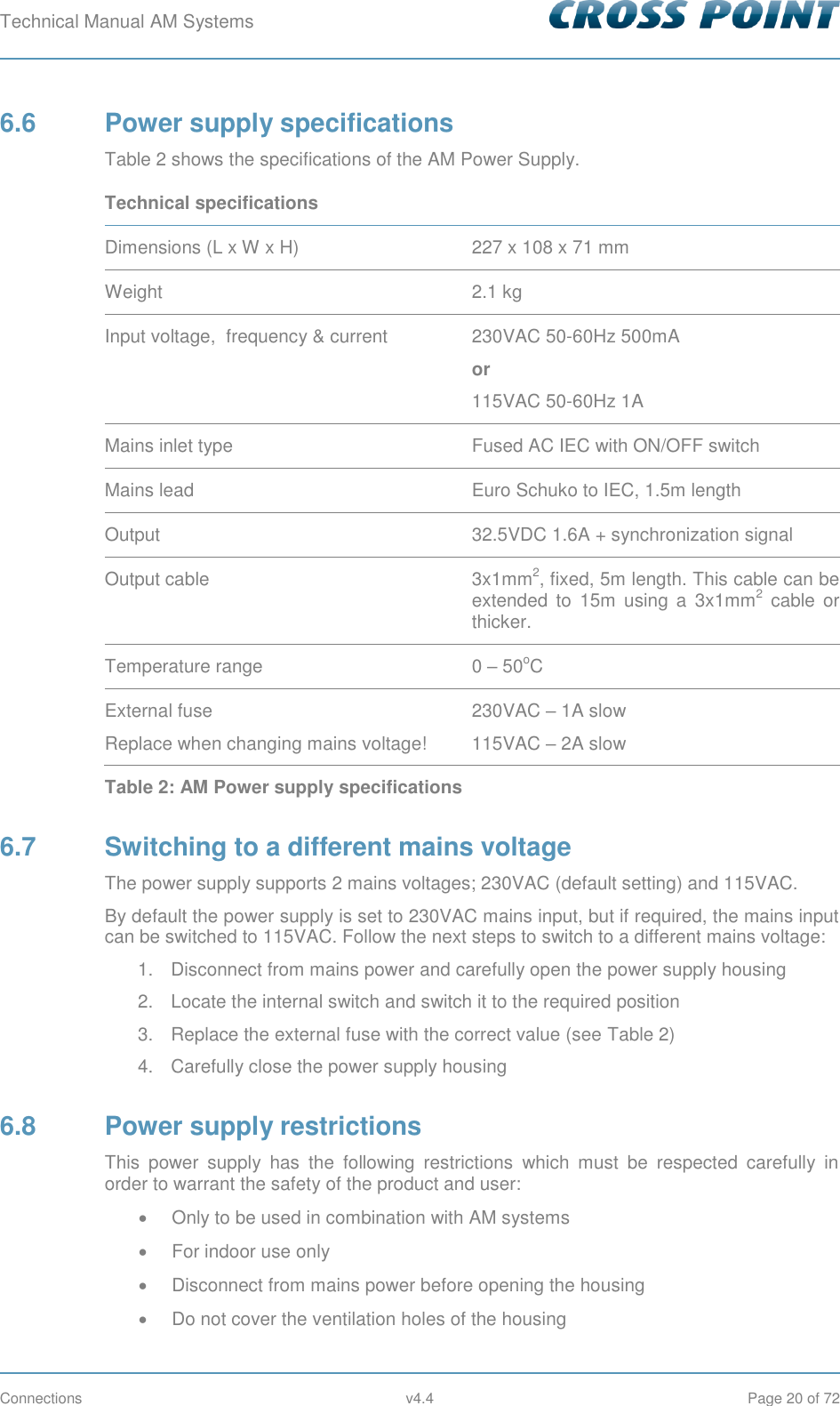 Technical Manual AM Systems        Connections  v4.4  Page 20 of 72 6.6  Power supply specifications Table 2 shows the specifications of the AM Power Supply. Technical specifications  Dimensions (L x W x H) 227 x 108 x 71 mm Weight 2.1 kg Input voltage,  frequency &amp; current 230VAC 50-60Hz 500mA  or 115VAC 50-60Hz 1A Mains inlet type Fused AC IEC with ON/OFF switch Mains lead Euro Schuko to IEC, 1.5m length Output 32.5VDC 1.6A + synchronization signal Output cable 3x1mm2, fixed, 5m length. This cable can be extended  to  15m  using  a  3x1mm2  cable  or thicker. Temperature range 0 – 50oC External fuse Replace when changing mains voltage! 230VAC – 1A slow 115VAC – 2A slow Table 2: AM Power supply specifications 6.7  Switching to a different mains voltage The power supply supports 2 mains voltages; 230VAC (default setting) and 115VAC. By default the power supply is set to 230VAC mains input, but if required, the mains input can be switched to 115VAC. Follow the next steps to switch to a different mains voltage: 1.  Disconnect from mains power and carefully open the power supply housing 2.  Locate the internal switch and switch it to the required position 3.  Replace the external fuse with the correct value (see Table 2) 4.  Carefully close the power supply housing 6.8  Power supply restrictions This  power  supply  has  the  following  restrictions  which  must  be  respected  carefully  in order to warrant the safety of the product and user:   Only to be used in combination with AM systems   For indoor use only   Disconnect from mains power before opening the housing   Do not cover the ventilation holes of the housing 