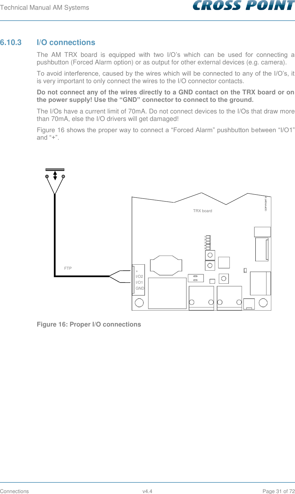 Technical Manual AM Systems        Connections  v4.4  Page 31 of 72 6.10.3  I/O connections The  AM  TRX  board  is  equipped  with  two  I/O’s  which  can  be  used  for  connecting  a pushbutton (Forced Alarm option) or as output for other external devices (e.g. camera). To avoid interference, caused by the wires which will be connected to any of the I/O’s, it is very important to only connect the wires to the I/O connector contacts. Do not connect any of the wires directly to a GND contact on the TRX board or on the power supply! Use the “GND” connector to connect to the ground. The I/Os have a current limit of 70mA. Do not connect devices to the I/Os that draw more than 70mA, else the I/O drivers will get damaged! Figure 16 shows the proper way to connect a “Forced Alarm” pushbutton between “I/O1” and “+”.   Figure 16: Proper I/O connections + I/O2 I/O1 GND FTP TRX board 