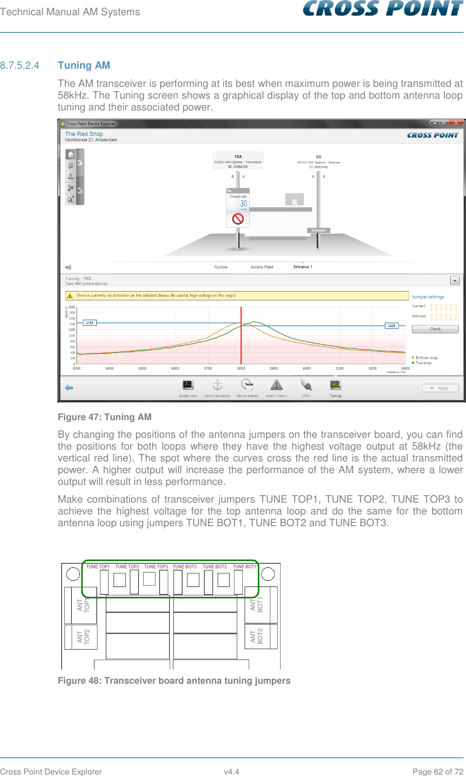 Technical Manual AM Systems        Cross Point Device Explorer  v4.4  Page 62 of 72  Tuning AM 8.7.5.2.4The AM transceiver is performing at its best when maximum power is being transmitted at 58kHz. The Tuning screen shows a graphical display of the top and bottom antenna loop tuning and their associated power.  Figure 47: Tuning AM By changing the positions of the antenna jumpers on the transceiver board, you can find the positions  for  both  loops  where  they have  the highest  voltage  output  at  58kHz  (the vertical red line). The spot where the curves cross the red line is the actual transmitted power. A higher output will increase the performance of the AM system, where a lower output will result in less performance. Make  combinations of transceiver jumpers  TUNE TOP1, TUNE  TOP2, TUNE TOP3 to achieve  the  highest  voltage  for  the  top  antenna  loop  and  do  the  same  for  the  bottom antenna loop using jumpers TUNE BOT1, TUNE BOT2 and TUNE BOT3.   Figure 48: Transceiver board antenna tuning jumpers     ANT BOT2 ANT BOT1 ANT TOP2 ANT TOP1 TUNE TOP1 TUNE TOP2 TUNE TOP3 TUNE BOT3 TUNE BOT2 TUNE BOT1 