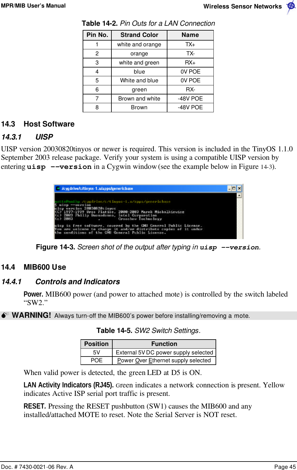 MPR/MIB User’s Manual  Wireless Sensor Networks      Doc. # 7430-0021-06 Rev. A    Page 45  Table 14-2. Pin Outs for a LAN Connection Pin No. Strand Color Name 1 white and orange TX+ 2 orange TX- 3 white and green RX+ 4 blue 0V POE 5 White and blue 0V POE 6 green RX- 7 Brown and white -48V POE 8 Brown -48V POE 14.3 Host Software 14.3.1 UISP UISP version 20030820tinyos or newer is required. This version is included in the TinyOS 1.1.0 September 2003 release package. Verify your system is using a compatible UISP version by entering uisp -–version in a Cygwin window (see the example below in Figure 14-3).  Figure 14-3. Screen shot of the output after typing in uisp --version. 14.4 MIB600 Use 14.4.1 Controls and Indicators Power. MIB600 power (and power to attached mote) is controlled by the switch labeled “SW2.” M WARNING!  Always turn-off the MIB600’s power before installing/removing a mote. Table 14-5. SW2 Switch Settings. Position Function 5V External 5V DC power supply selected POE Power Over Ethernet supply selected When valid power is detected, the green LED at D5 is ON.  LAN Activity Indicators (RJ45). Green indicates a network connection is present. Yellow indicates Active ISP serial port traffic is present.  RESET. Pressing the RESET pushbutton (SW1) causes the MIB600 and any installed/attached MOTE to reset. Note the Serial Server is NOT reset. 