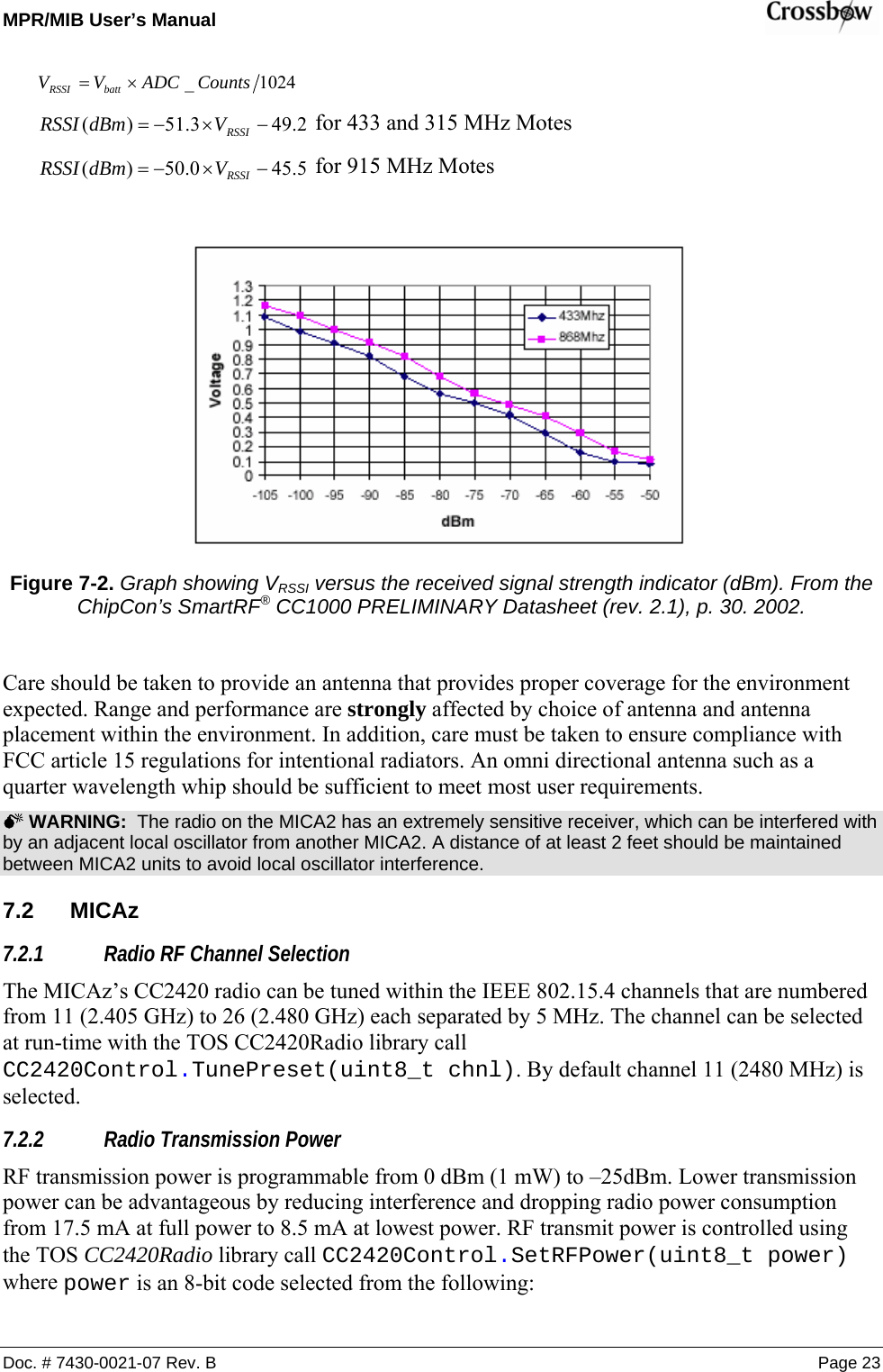 MPR/MIB User’s Manual    Doc. # 7430-0021-07 Rev. B Page 23 1024_ CountsADCVV battRSSI ×=  2.493.51)( −×−= RSSIVdBmRSSI  for 433 and 315 MHz Motes 5.450.50)( −×−= RSSIVdBmRSSI  for 915 MHz Motes   Figure 7-2. Graph showing VRSSI versus the received signal strength indicator (dBm). From the ChipCon’s SmartRF® CC1000 PRELIMINARY Datasheet (rev. 2.1), p. 30. 2002.  Care should be taken to provide an antenna that provides proper coverage for the environment expected. Range and performance are strongly affected by choice of antenna and antenna placement within the environment. In addition, care must be taken to ensure compliance with FCC article 15 regulations for intentional radiators. An omni directional antenna such as a quarter wavelength whip should be sufficient to meet most user requirements. 0 WARNING:  The radio on the MICA2 has an extremely sensitive receiver, which can be interfered with by an adjacent local oscillator from another MICA2. A distance of at least 2 feet should be maintained between MICA2 units to avoid local oscillator interference. 7.2 MICAz 7.2.1 Radio RF Channel Selection The MICAz’s CC2420 radio can be tuned within the IEEE 802.15.4 channels that are numbered from 11 (2.405 GHz) to 26 (2.480 GHz) each separated by 5 MHz. The channel can be selected at run-time with the TOS CC2420Radio library call CC2420Control.TunePreset(uint8_t chnl). By default channel 11 (2480 MHz) is selected. 7.2.2 Radio Transmission Power RF transmission power is programmable from 0 dBm (1 mW) to –25dBm. Lower transmission power can be advantageous by reducing interference and dropping radio power consumption from 17.5 mA at full power to 8.5 mA at lowest power. RF transmit power is controlled using the TOS CC2420Radio library call CC2420Control.SetRFPower(uint8_t power) where power is an 8-bit code selected from the following: 