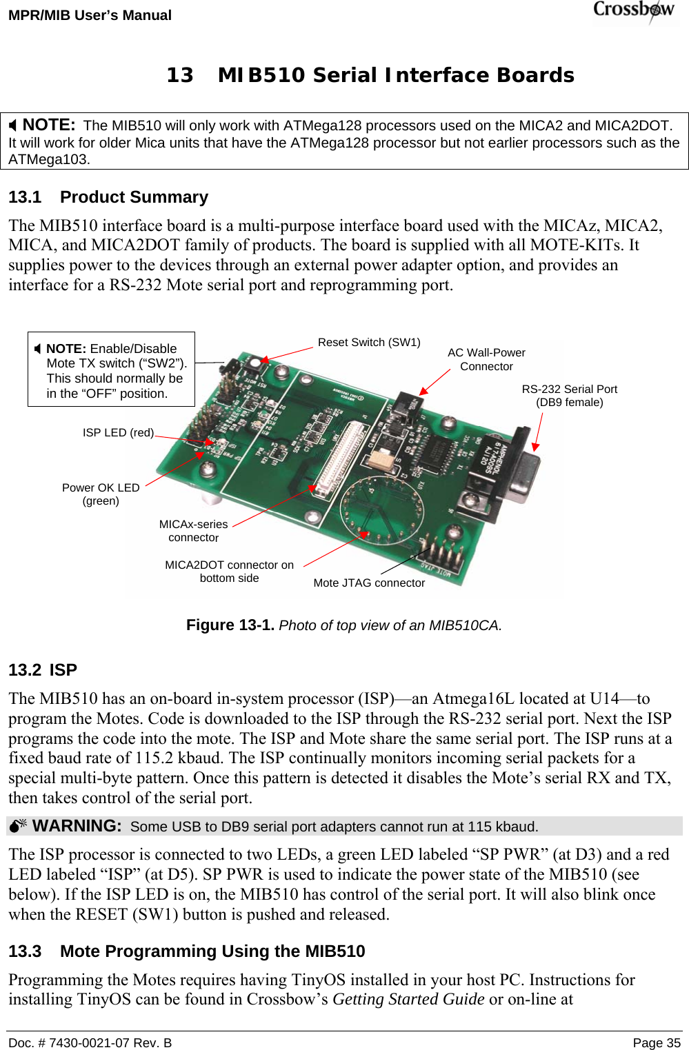 MPR/MIB User’s Manual    Doc. # 7430-0021-07 Rev. B Page 35 13 MIB510 Serial Interface Boards ; NOTE:  The MIB510 will only work with ATMega128 processors used on the MICA2 and MICA2DOT. It will work for older Mica units that have the ATMega128 processor but not earlier processors such as the ATMega103. 13.1 Product Summary The MIB510 interface board is a multi-purpose interface board used with the MICAz, MICA2, MICA, and MICA2DOT family of products. The board is supplied with all MOTE-KITs. It supplies power to the devices through an external power adapter option, and provides an interface for a RS-232 Mote serial port and reprogramming port.    Figure 13-1. Photo of top view of an MIB510CA. 13.2 ISP The MIB510 has an on-board in-system processor (ISP)—an Atmega16L located at U14—to program the Motes. Code is downloaded to the ISP through the RS-232 serial port. Next the ISP programs the code into the mote. The ISP and Mote share the same serial port. The ISP runs at a fixed baud rate of 115.2 kbaud. The ISP continually monitors incoming serial packets for a special multi-byte pattern. Once this pattern is detected it disables the Mote’s serial RX and TX, then takes control of the serial port.   0 WARNING:  Some USB to DB9 serial port adapters cannot run at 115 kbaud.  The ISP processor is connected to two LEDs, a green LED labeled “SP PWR” (at D3) and a red LED labeled “ISP” (at D5). SP PWR is used to indicate the power state of the MIB510 (see below). If the ISP LED is on, the MIB510 has control of the serial port. It will also blink once when the RESET (SW1) button is pushed and released. 13.3  Mote Programming Using the MIB510 Programming the Motes requires having TinyOS installed in your host PC. Instructions for installing TinyOS can be found in Crossbow’s Getting Started Guide or on-line at ISP LED (red) MICAx-series connector MICA2DOT connector on bottom side  Mote JTAG connector RS-232 Serial Port (DB9 female) Reset Switch (SW1) ; NOTE: Enable/Disable Mote TX switch (“SW2”). This should normally be in the “OFF” position. AC Wall-Power Connector Power OK LED (green) 