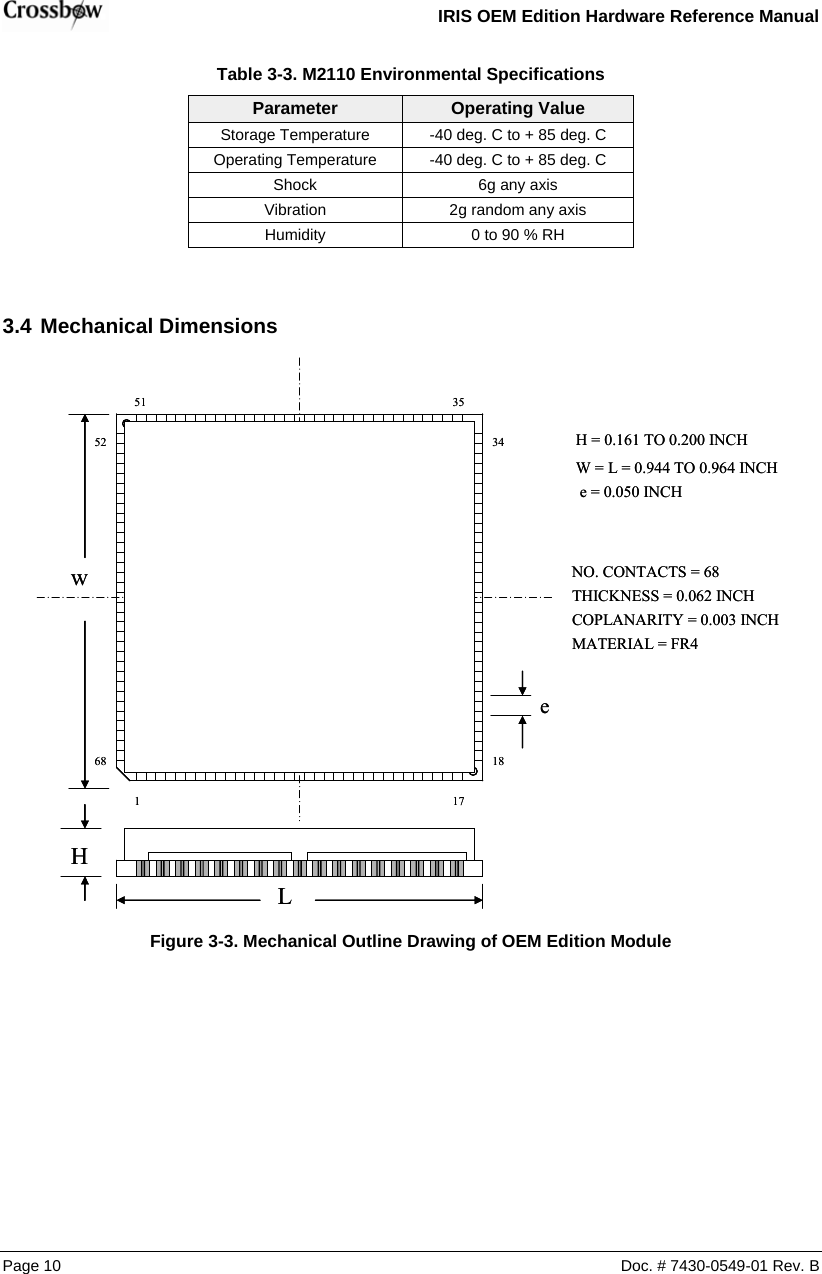   IRIS OEM Edition Hardware Reference Manual  Table  3-3. M2110 Environmental Specifications Parameter  Operating Value Storage Temperature  -40 deg. C to + 85 deg. C Operating Temperature  -40 deg. C to + 85 deg. C Shock  6g any axis Vibration  2g random any axis Humidity  0 to 90 % RH  3.4 Mechanical Dimensions   Page 10  Doc. # 7430-0549-01 Rev. B                Figure  3-3. Mechanical Outline Drawing of OEM Edition Module e = 0.050 INCHNO. CONTACTS = 68L117COMPONENTSIDEw18345268THICKNESS = 0.062 INCHCOPLANARITY = 0.003 INCHW = L = 0.944 TO 0.964 INCH3551HH = 0.161 TO 0.200 INCHeMATERIAL = FR4e = 0.050 INCHNO. CONTACTS = 68L117COMPONENTSIDEw18345268THICKNESS = 0.062 INCHCOPLANARITY = 0.003 INCHW = L = 0.944 TO 0.964 INCH3551HH = 0.161 TO 0.200 INCHeMATERIAL = FR4