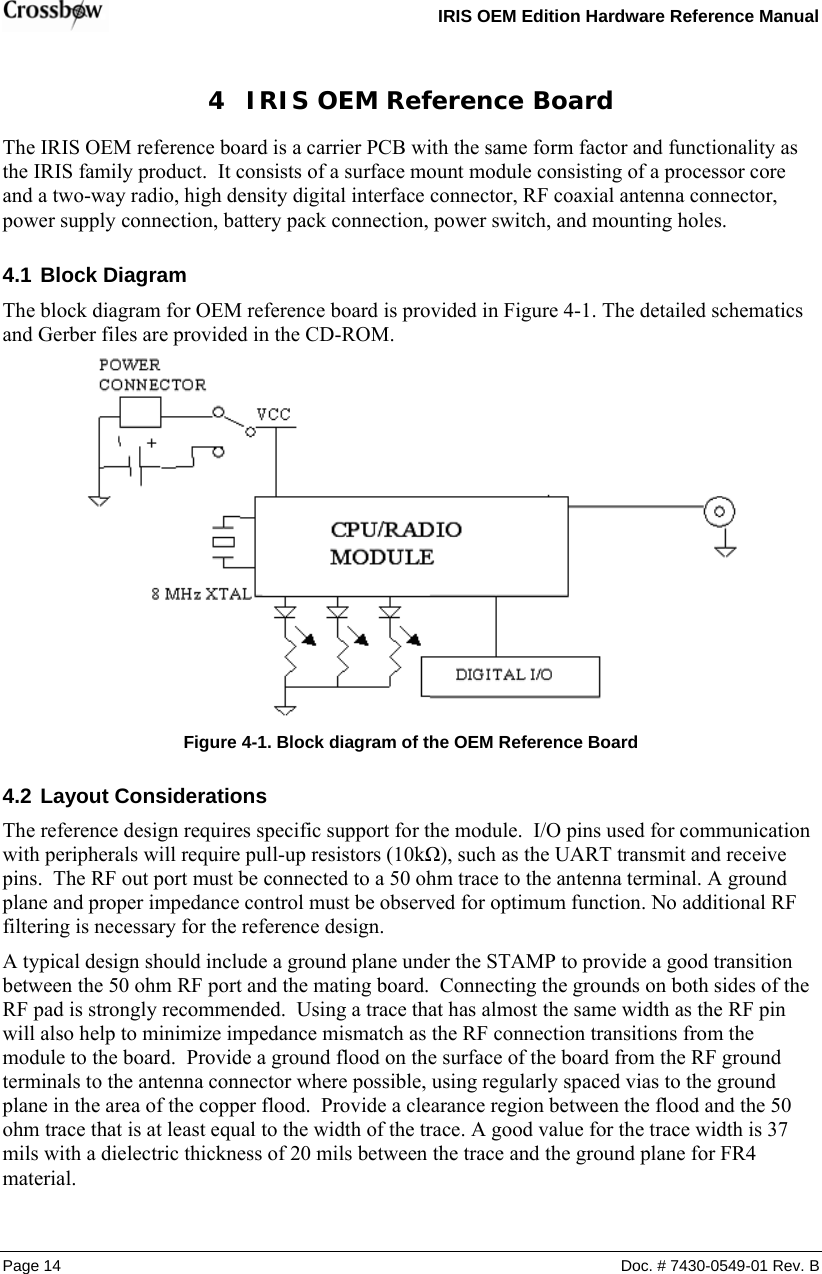   IRIS OEM Edition Hardware Reference Manual  4 IRIS OEM Reference Board The IRIS OEM reference board is a carrier PCB with the same form factor and functionality as the IRIS family product.  It consists of a surface mount module consisting of a processor core and a two-way radio, high density digital interface connector, RF coaxial antenna connector, power supply connection, battery pack connection, power switch, and mounting holes. 4.1 Block Diagram The block diagram for OEM reference board is provided in Figure 4-1. The detailed schematics and Gerber files are provided in the CD-ROM.  Figure  4-1. Block diagram of the OEM Reference Board 4.2 Layout Considerations The reference design requires specific support for the module.  I/O pins used for communication with peripherals will require pull-up resistors (10kΩ), such as the UART transmit and receive pins.  The RF out port must be connected to a 50 ohm trace to the antenna terminal. A ground plane and proper impedance control must be observed for optimum function. No additional RF filtering is necessary for the reference design. A typical design should include a ground plane under the STAMP to provide a good transition between the 50 ohm RF port and the mating board.  Connecting the grounds on both sides of the RF pad is strongly recommended.  Using a trace that has almost the same width as the RF pin will also help to minimize impedance mismatch as the RF connection transitions from the module to the board.  Provide a ground flood on the surface of the board from the RF ground terminals to the antenna connector where possible, using regularly spaced vias to the ground plane in the area of the copper flood.  Provide a clearance region between the flood and the 50 ohm trace that is at least equal to the width of the trace. A good value for the trace width is 37 mils with a dielectric thickness of 20 mils between the trace and the ground plane for FR4 material. Page 14  Doc. # 7430-0549-01 Rev. B 