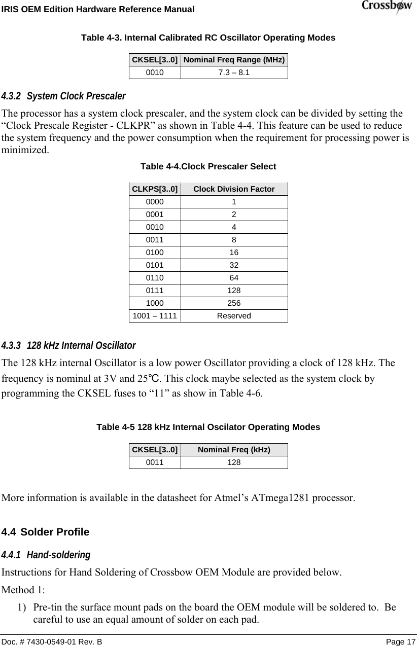 IRIS OEM Edition Hardware Reference Manual    Doc. # 7430-0549-01 Rev. B Page 17 Table  4-3. Internal Calibrated RC Oscillator Operating Modes CKSEL[3..0]  Nominal Freq Range (MHz)0010  7.3 – 8.1 4.3.2 System Clock Prescaler The processor has a system clock prescaler, and the system clock can be divided by setting the “Clock Prescale Register - CLKPR” as shown in Table 4-4. This feature can be used to reduce the system frequency and the power consumption when the requirement for processing power is minimized. Table  4-4.Clock Prescaler Select CLKPS[3..0]  Clock Division Factor 0000 1 0001 2 0010 4 0011 8 0100 16 0101 32 0110 64 0111 128 1000 256 1001 – 1111   Reserved  4.3.3 128 kHz Internal Oscillator The 128 kHz internal Oscillator is a low power Oscillator providing a clock of 128 kHz. The frequency is nominal at 3V and 25℃. This clock maybe selected as the system clock by programming the CKSEL fuses to “11” as show in Table 4-6.  Table 4-5 128 kHz Internal Oscilator Operating Modes CKSEL[3..0]  Nominal Freq (kHz) 0011 128  More information is available in the datasheet for Atmel’s ATmega1281 processor.   4.4 Solder Profile 4.4.1 Hand-soldering Instructions for Hand Soldering of Crossbow OEM Module are provided below. Method 1: 1) Pre-tin the surface mount pads on the board the OEM module will be soldered to.  Be careful to use an equal amount of solder on each pad. 