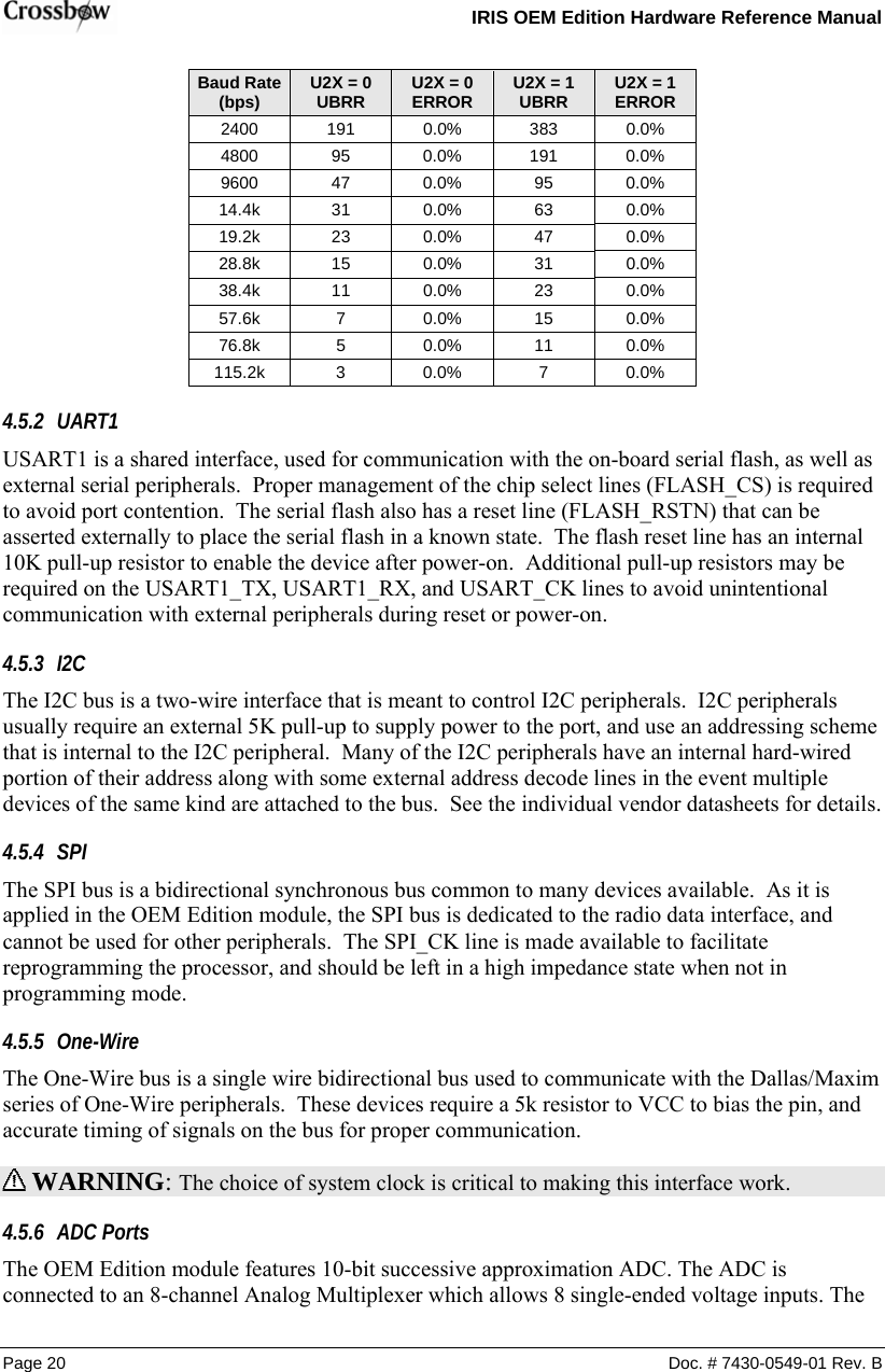   IRIS OEM Edition Hardware Reference Manual  Baud Rate (bps)  U2X = 0 UBRR  U2X = 0 ERROR  U2X = 1 UBRR  U2X = 1 ERROR 2400 191 0.0% 383 0.0% 4800  95  0.0% 191 0.0% 9600 47 0.0% 95 0.0% 14.4k 31 0.0% 63 0.0% 19.2k 23 0.0% 47 0.0% 28.8k 15 0.0% 31 0.0% 38.4k 11 0.0% 23 0.0% 57.6k 7 0.0% 15 0.0% 76.8k 5 0.0% 11 0.0% 115.2k 3 0.0% 7 0.0% 4.5.2 UART1 USART1 is a shared interface, used for communication with the on-board serial flash, as well as external serial peripherals.  Proper management of the chip select lines (FLASH_CS) is required to avoid port contention.  The serial flash also has a reset line (FLASH_RSTN) that can be asserted externally to place the serial flash in a known state.  The flash reset line has an internal 10K pull-up resistor to enable the device after power-on.  Additional pull-up resistors may be required on the USART1_TX, USART1_RX, and USART_CK lines to avoid unintentional communication with external peripherals during reset or power-on. 4.5.3 I2C The I2C bus is a two-wire interface that is meant to control I2C peripherals.  I2C peripherals usually require an external 5K pull-up to supply power to the port, and use an addressing scheme that is internal to the I2C peripheral.  Many of the I2C peripherals have an internal hard-wired portion of their address along with some external address decode lines in the event multiple devices of the same kind are attached to the bus.  See the individual vendor datasheets for details. 4.5.4 SPI The SPI bus is a bidirectional synchronous bus common to many devices available.  As it is applied in the OEM Edition module, the SPI bus is dedicated to the radio data interface, and cannot be used for other peripherals.  The SPI_CK line is made available to facilitate reprogramming the processor, and should be left in a high impedance state when not in programming mode. 4.5.5 One-Wire The One-Wire bus is a single wire bidirectional bus used to communicate with the Dallas/Maxim series of One-Wire peripherals.  These devices require a 5k resistor to VCC to bias the pin, and accurate timing of signals on the bus for proper communication.  WARNING: The choice of system clock is critical to making this interface work.   4.5.6 ADC Ports The OEM Edition module features 10-bit successive approximation ADC. The ADC is connected to an 8-channel Analog Multiplexer which allows 8 single-ended voltage inputs. The Page 20  Doc. # 7430-0549-01 Rev. B 