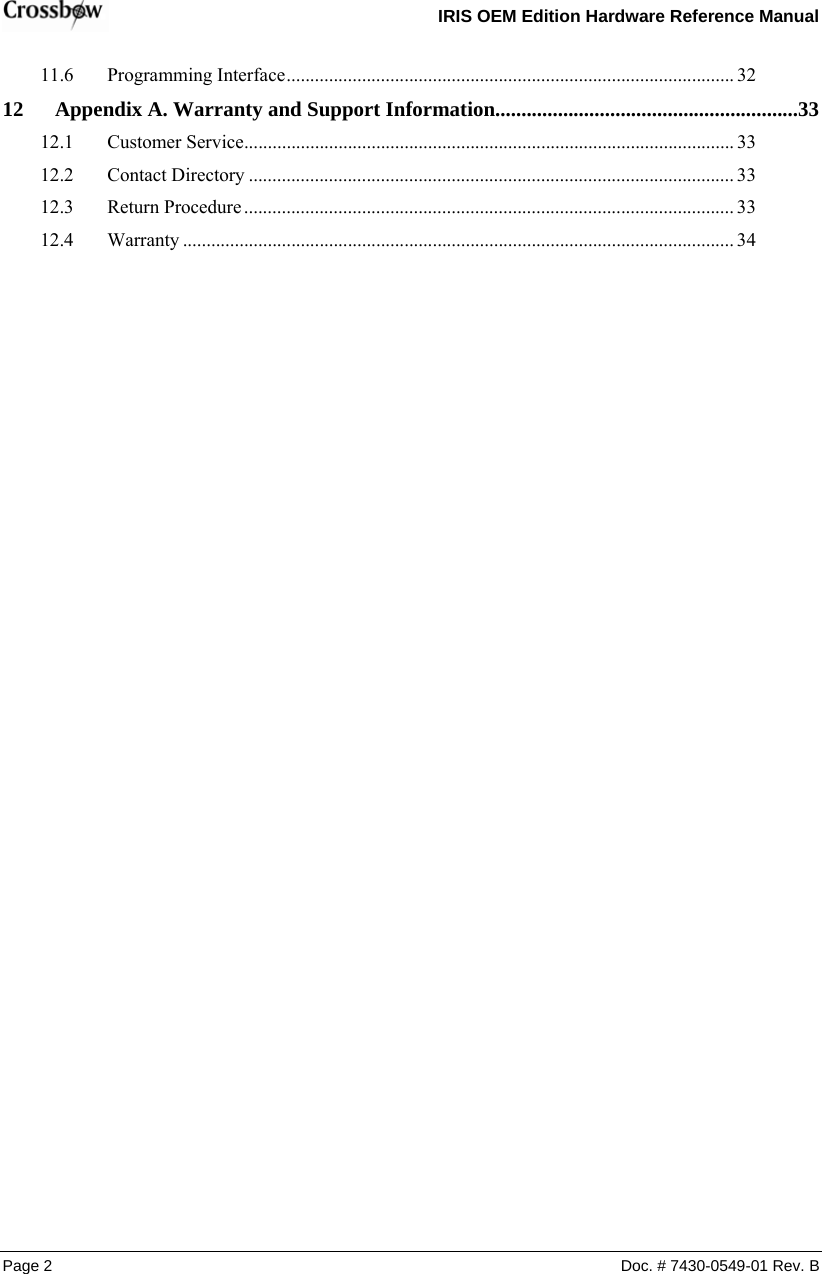   IRIS OEM Edition Hardware Reference Manual  Page 2  Doc. # 7430-0549-01 Rev. B 11.6 Programming Interface...............................................................................................  32333333333412 Appendix A. Warranty and Support Information..........................................................  12.1 Customer Service........................................................................................................  12.2 Contact Directory .......................................................................................................  12.3 Return Procedure ........................................................................................................  12.4 Warranty .....................................................................................................................  